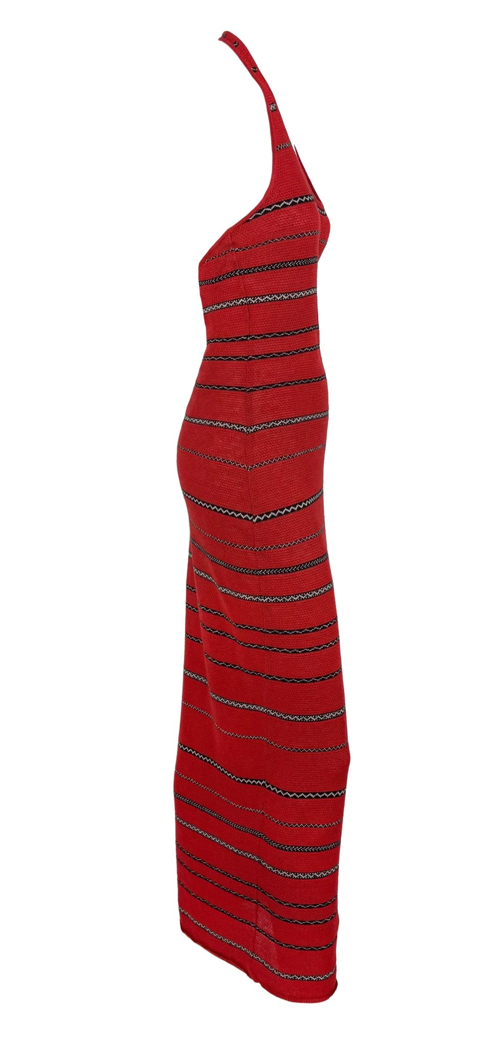 S/S 1997 Ralph Lauren Runway Red Knit Linen Striped Bodycon Halter Maxi Dress - RealList