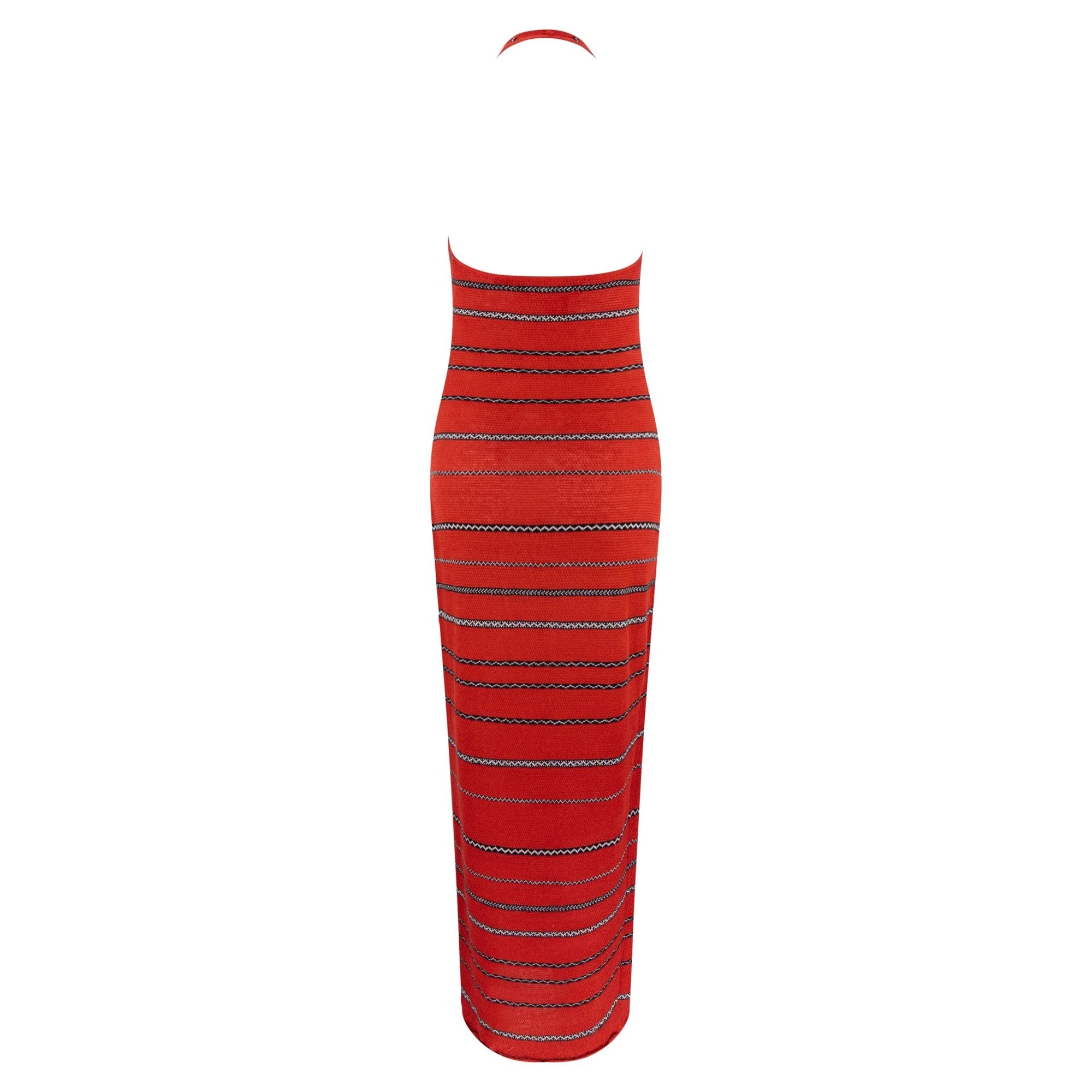 S/S 1997 Ralph Lauren Runway Red Knit Linen Striped Bodycon Halter Maxi Dress - RealList