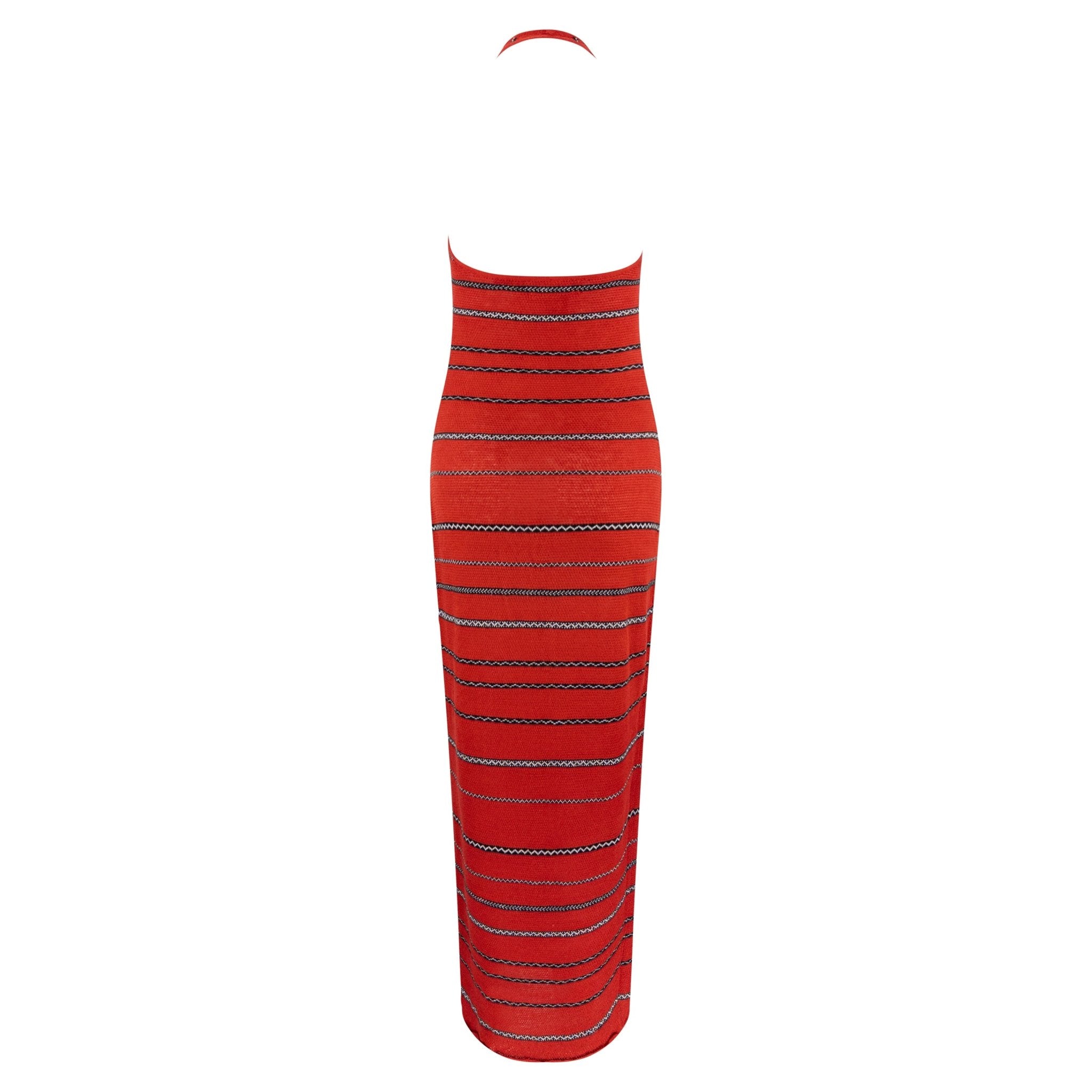 S/S 1997 Ralph Lauren Runway Red Knit Linen Striped Bodycon Halter Maxi Dress - RealList