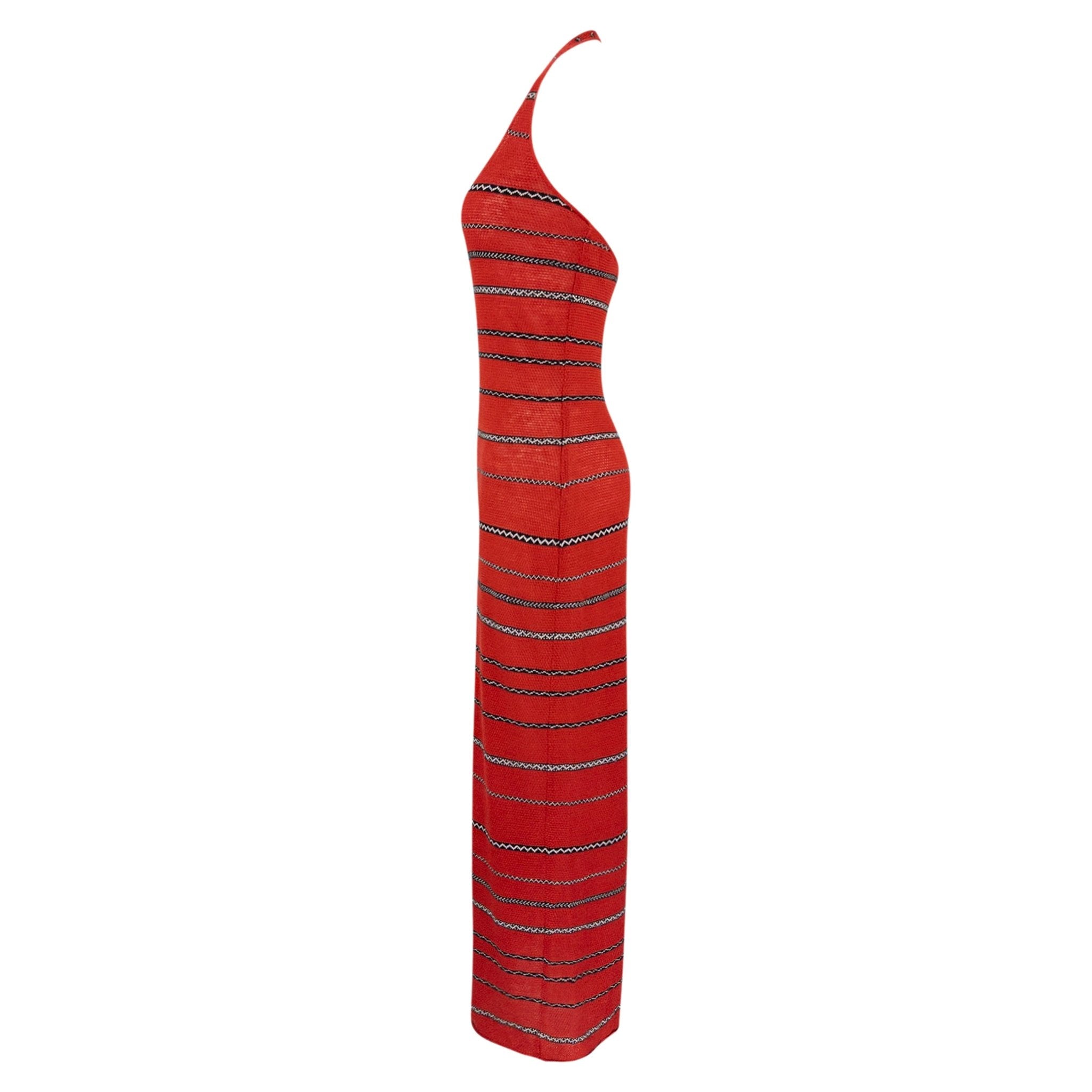 S/S 1997 Ralph Lauren Runway Red Knit Linen Striped Bodycon Halter Maxi Dress - RealList