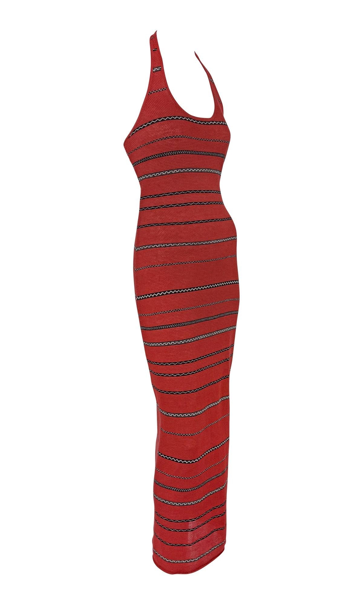 S/S 1997 Ralph Lauren Runway Red Knit Linen Striped Bodycon Halter Maxi Dress - RealList