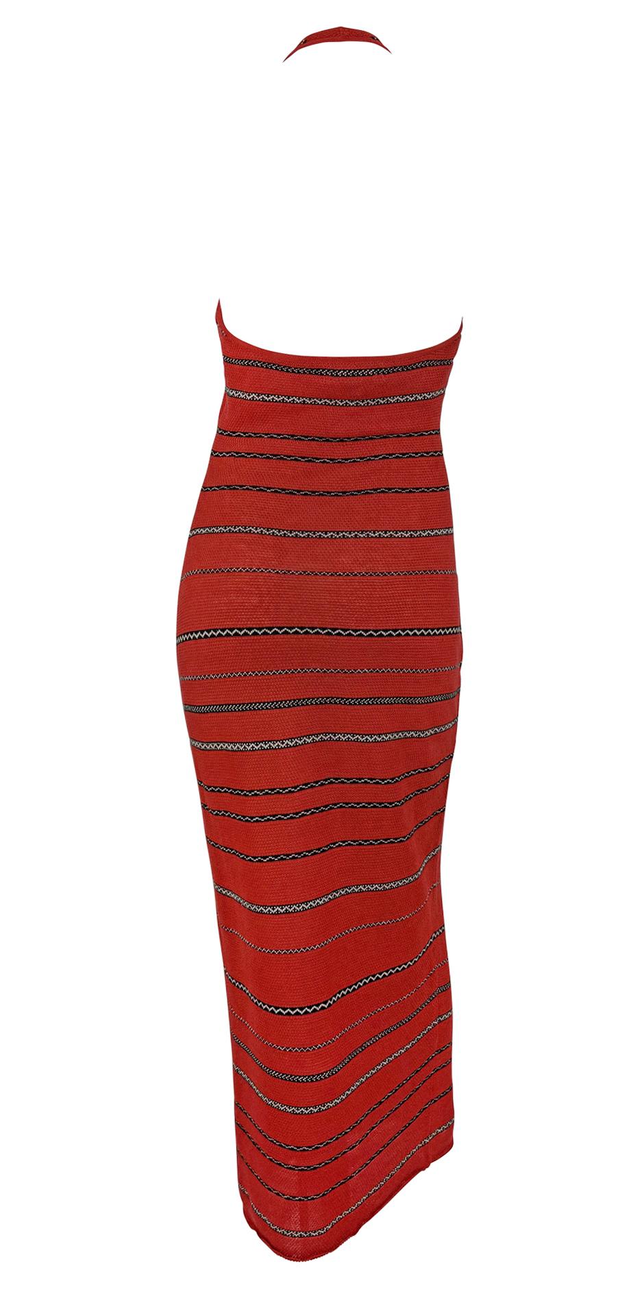 S/S 1997 Ralph Lauren Runway Red Knit Linen Striped Bodycon Halter Maxi Dress - RealList