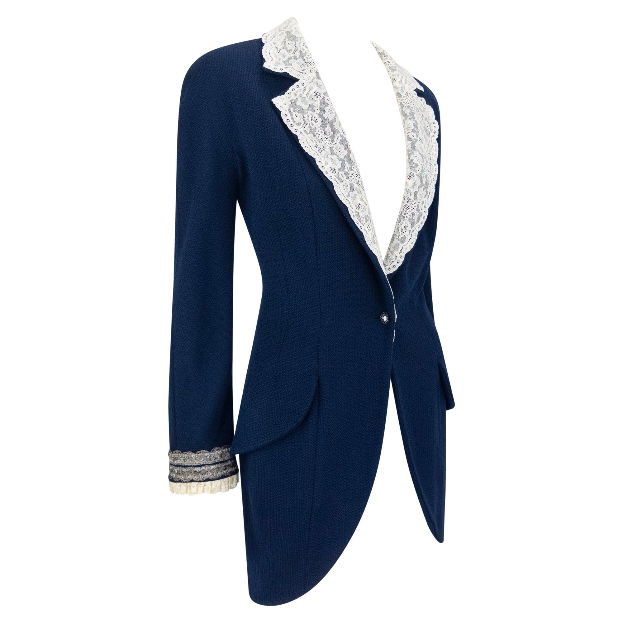 S/S 1998 Christian Dior by John Galliano Runway Lace Trim Navy Tweed Long Jacket - RealList