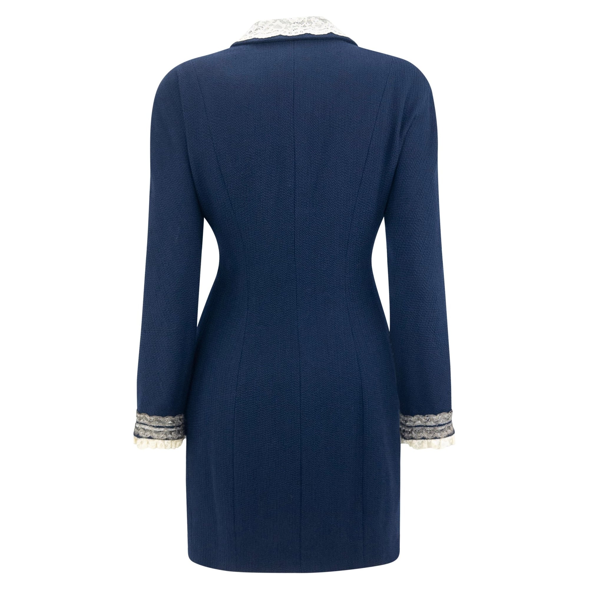 S/S 1998 Christian Dior by John Galliano Runway Lace Trim Navy Tweed Long Jacket - RealList