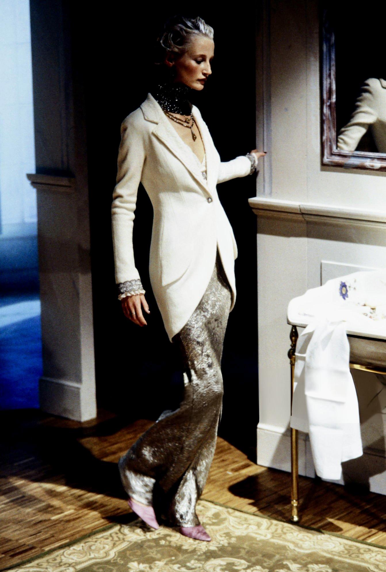 S/S 1998 Christian Dior by John Galliano Runway Lace Trim Navy Tweed Long Jacket - RealList