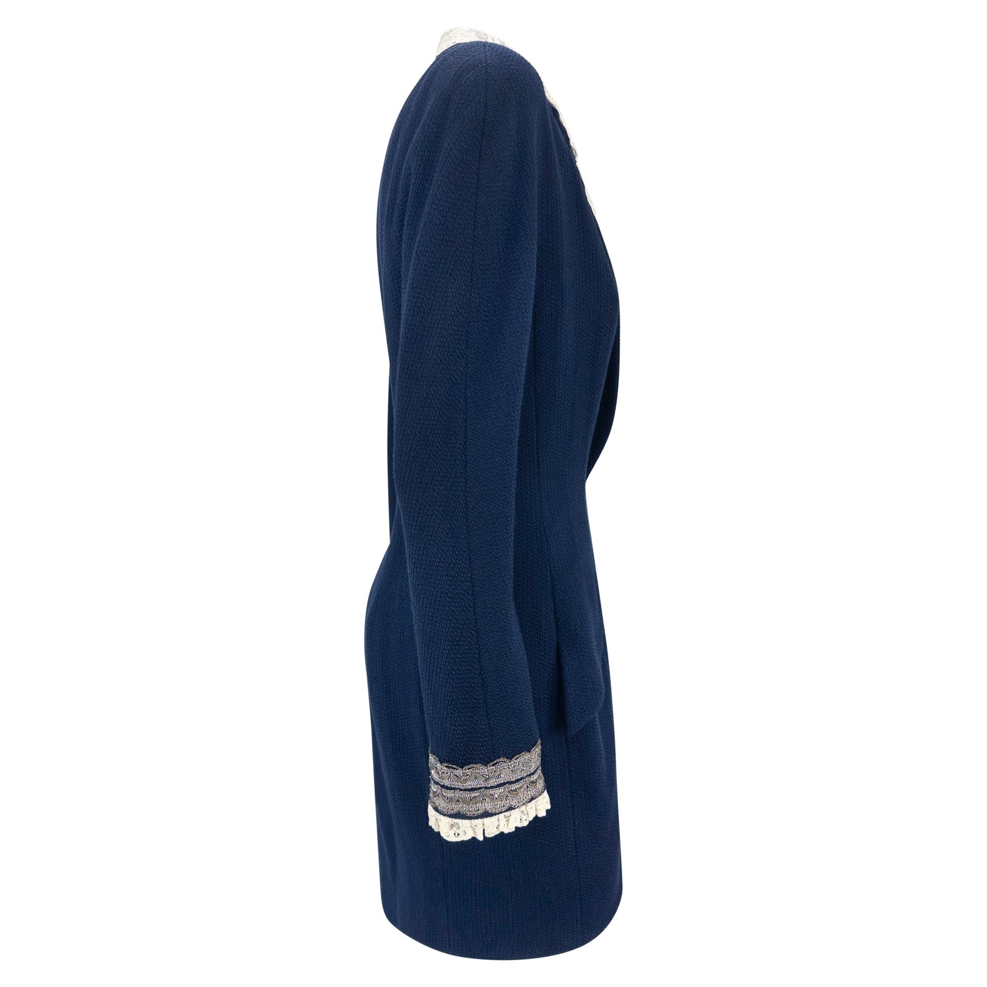 S/S 1998 Christian Dior by John Galliano Runway Lace Trim Navy Tweed Long Jacket - RealList