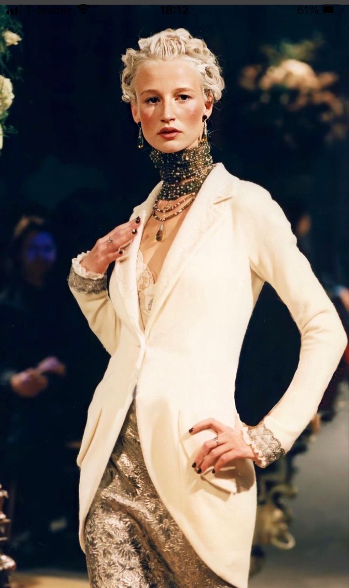 S/S 1998 Christian Dior by John Galliano Runway Lace Trim Navy Tweed Long Jacket - RealList