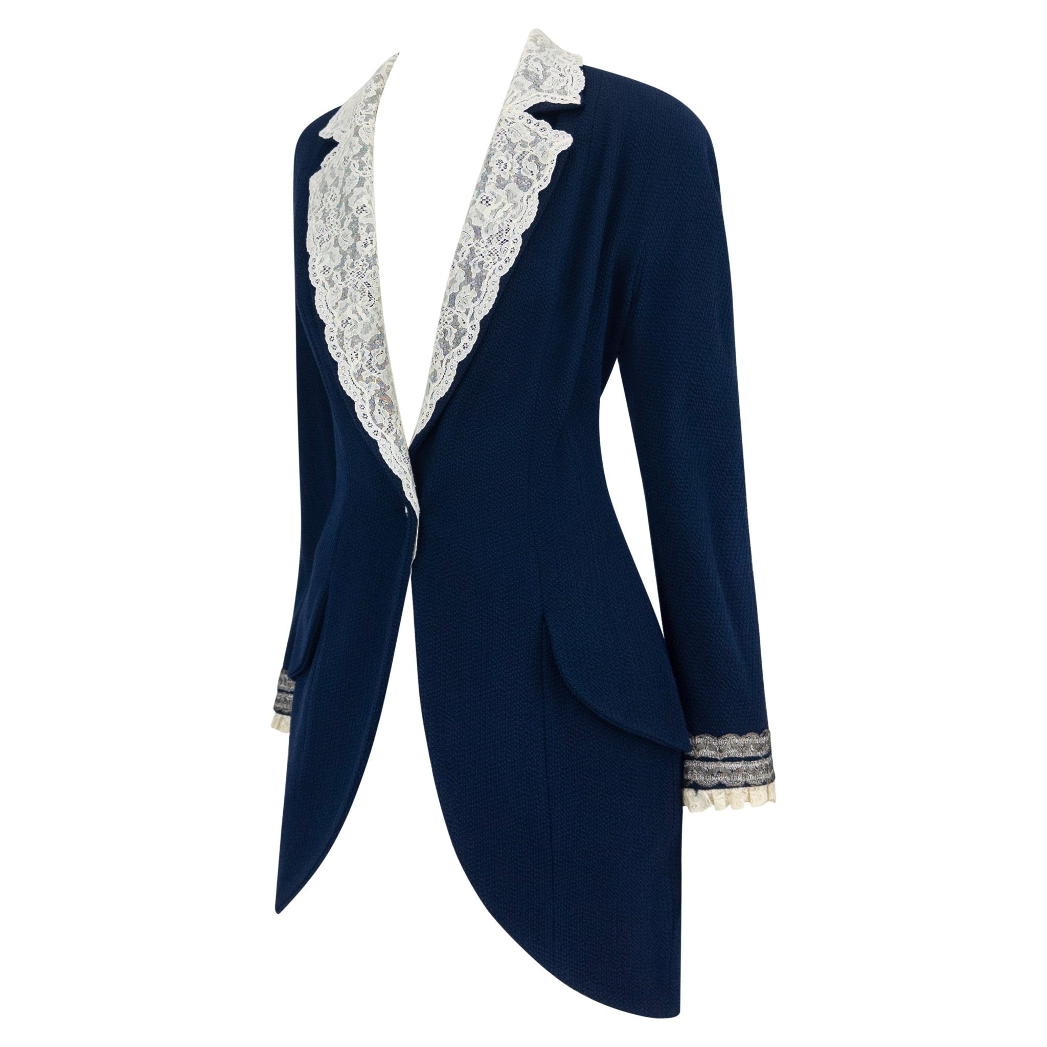 S/S 1998 Christian Dior by John Galliano Runway Lace Trim Navy Tweed Long Jacket - RealList