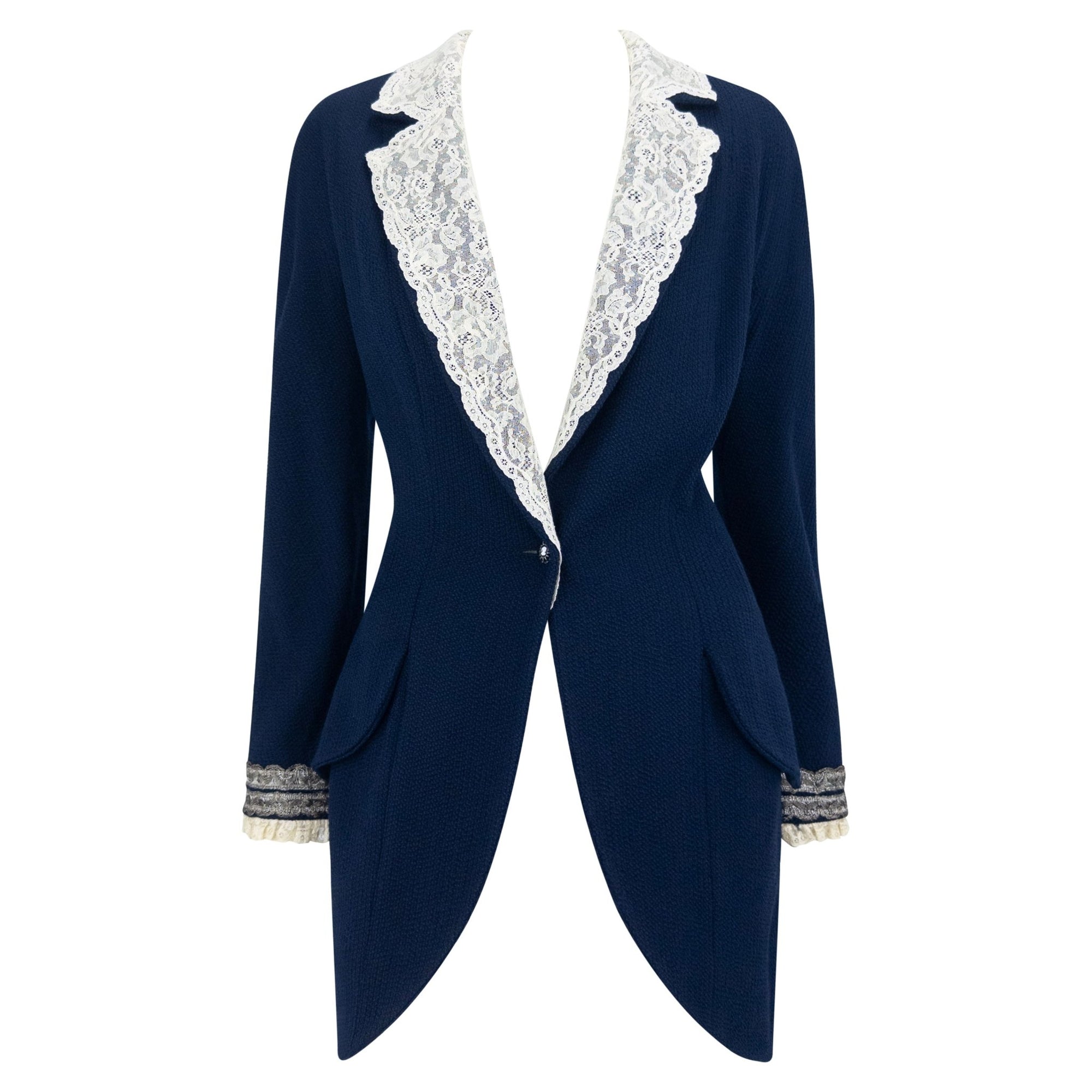 S/S 1998 Christian Dior by John Galliano Runway Lace Trim Navy Tweed Long Jacket - RealList