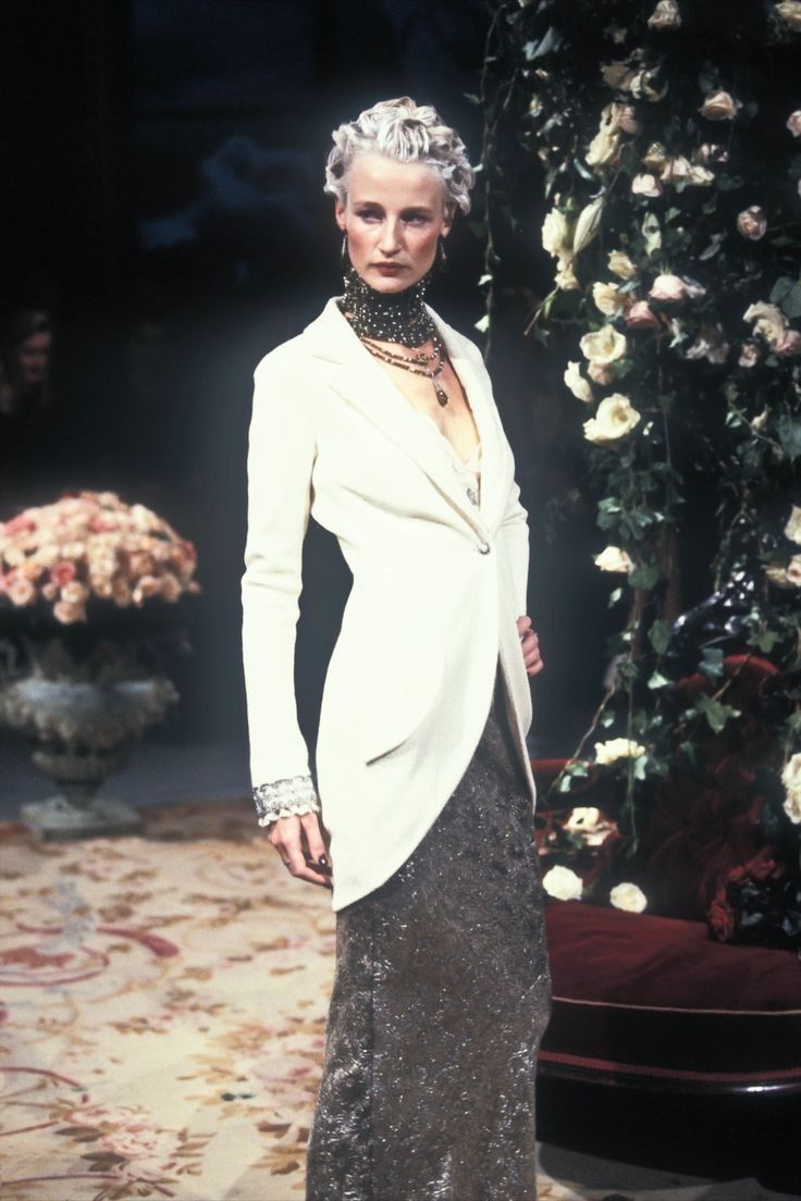 S/S 1998 Christian Dior by John Galliano Runway Lace Trim Navy Tweed Long Jacket - RealList