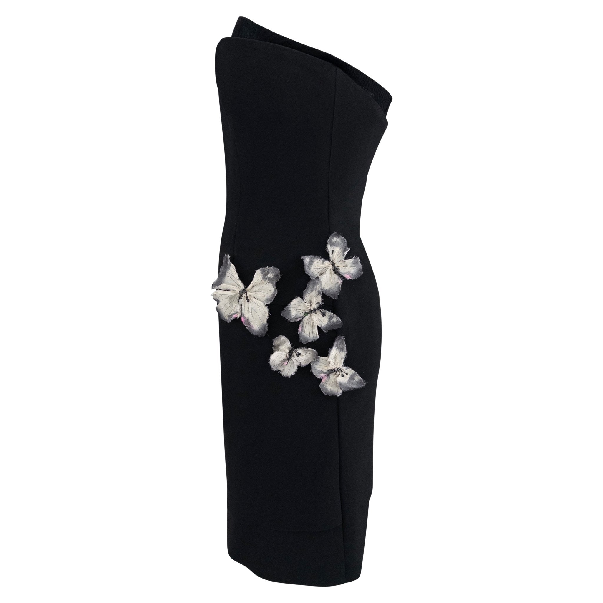 S/S 1998 Dolce & Gabbana Black Butterfly Appliqué Corseted Strapless Mini Dress - RealList