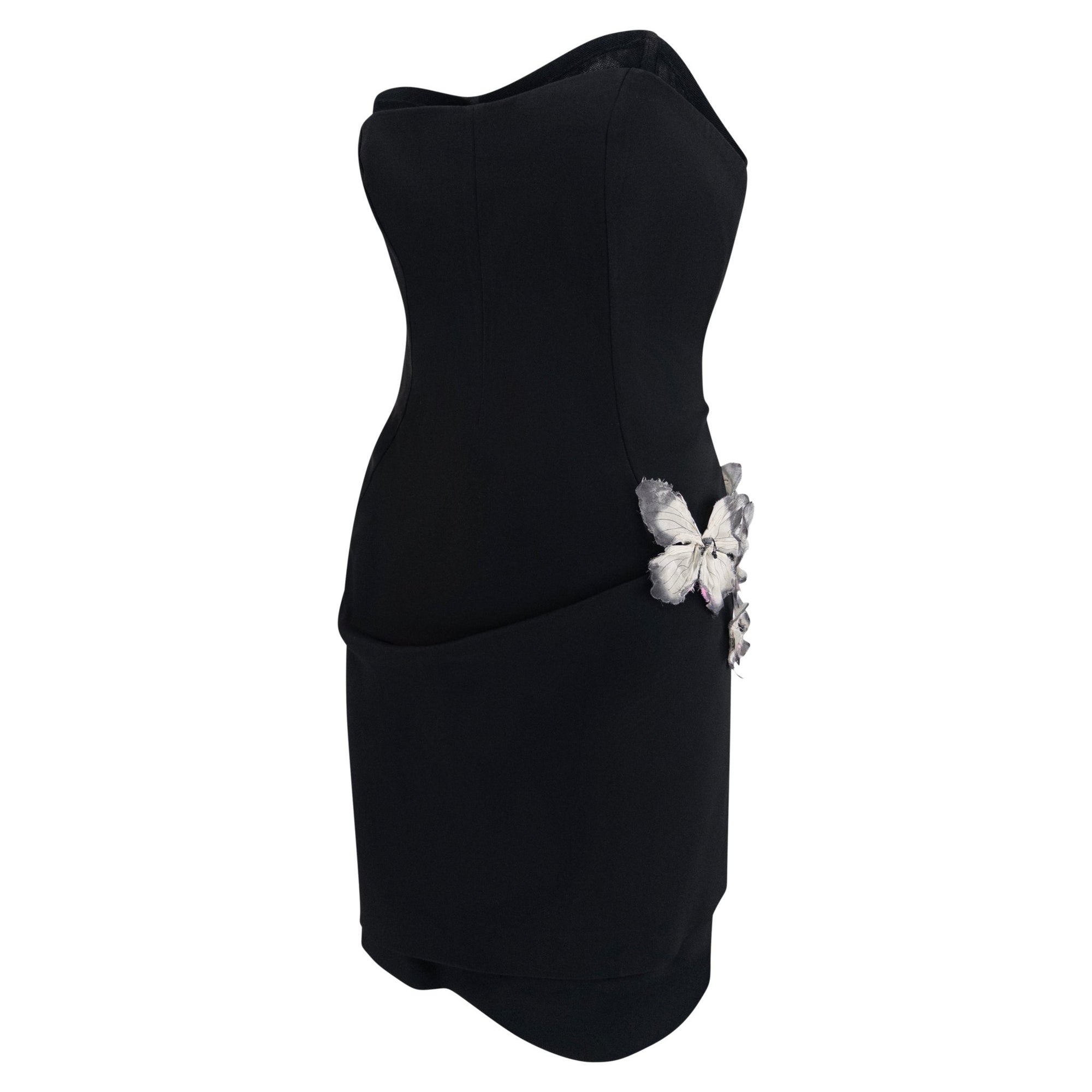 S/S 1998 Dolce & Gabbana Black Butterfly Appliqué Corseted Strapless Mini Dress - RealList