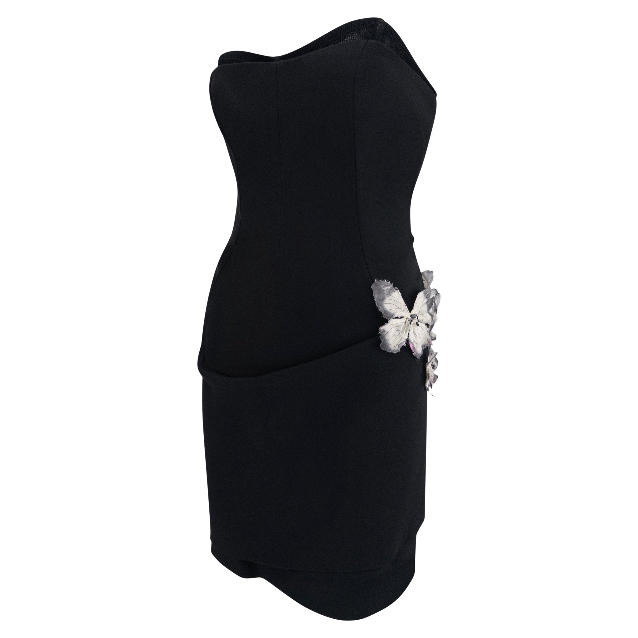 S/S 1998 Dolce & Gabbana Black Butterfly Appliqué Corseted Strapless Mini Dress - RealList