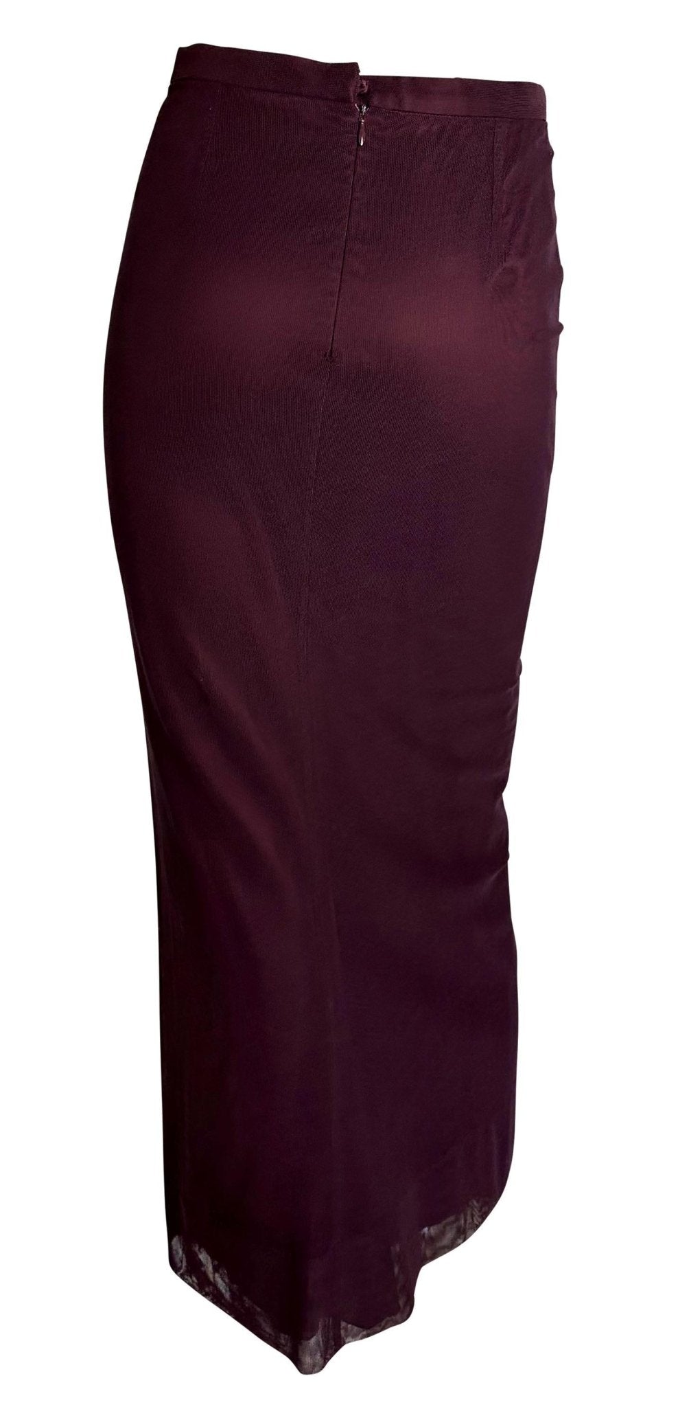 S/S 1998 Dolce & Gabbana Burgundy Bodycon Sheer Mesh Overlay Maxi Skirt - RealList