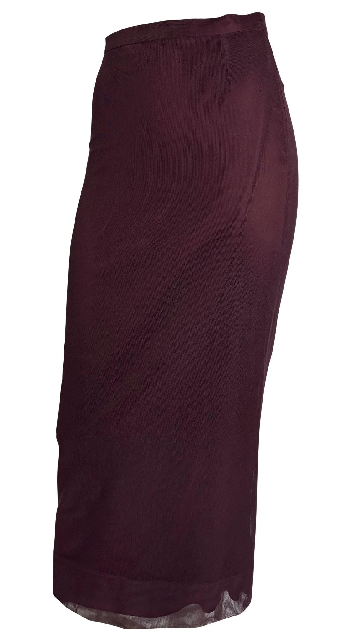 S/S 1998 Dolce & Gabbana Burgundy Bodycon Sheer Mesh Overlay Maxi Skirt - RealList