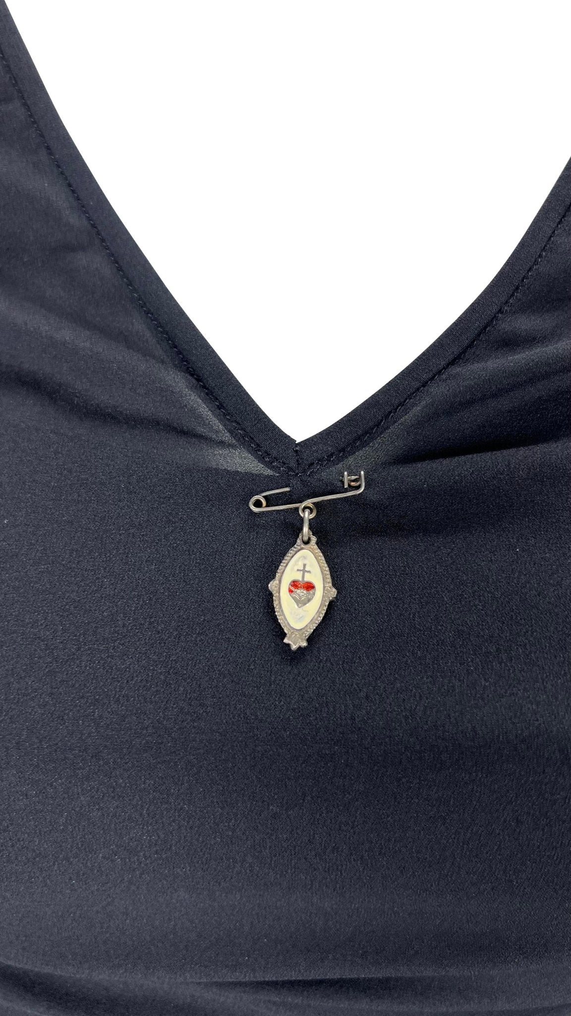 S/S 1998 Dolce & Gabbana Sheer Black Enamel Heart Safety - Pin Cami - Overlay Blouse - RealList