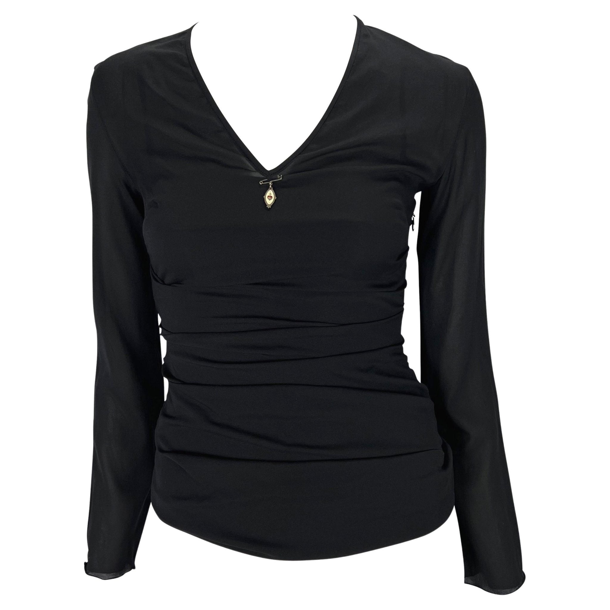 S/S 1998 Dolce & Gabbana Sheer Black Enamel Heart Safety - Pin Cami - Overlay Blouse - RealList