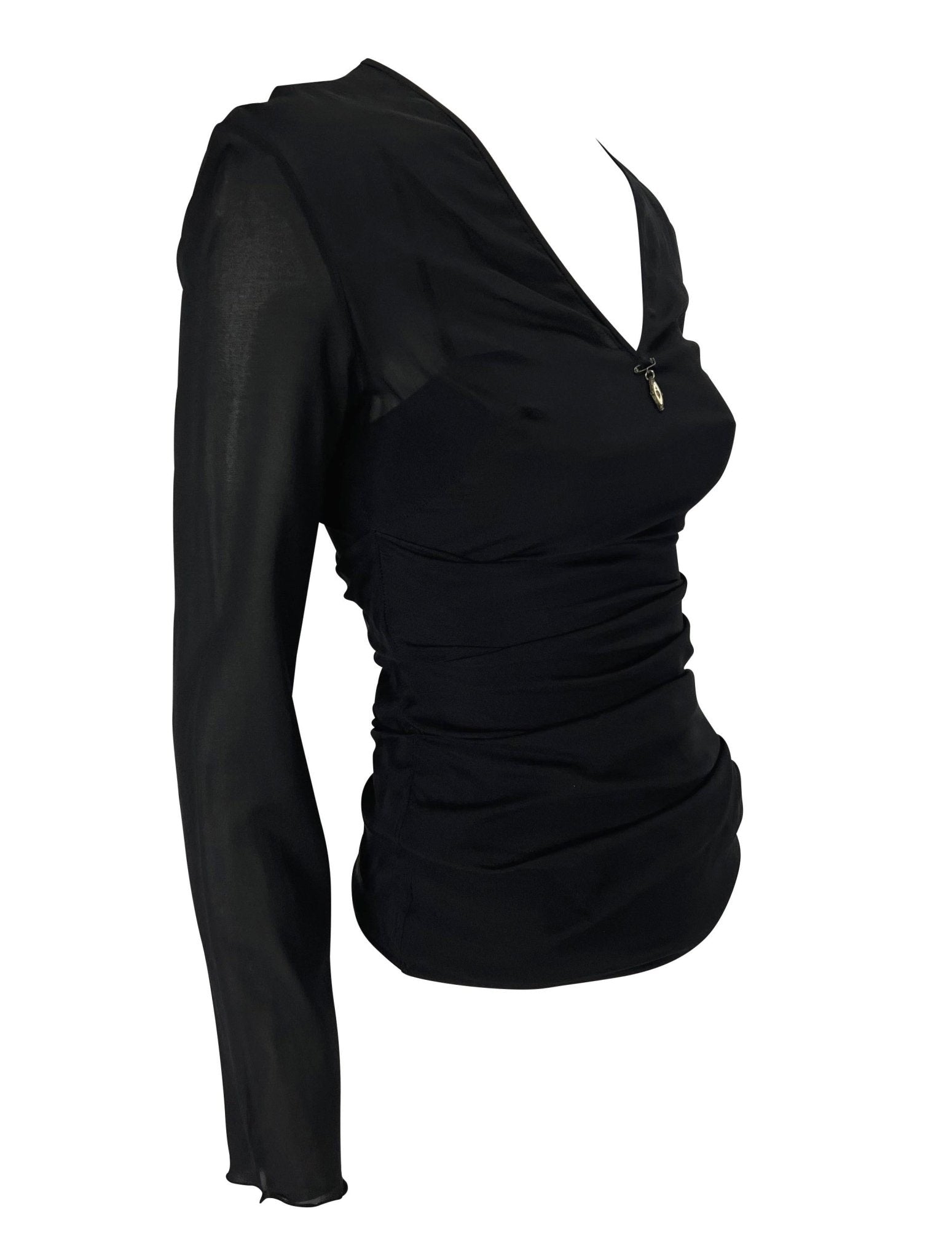 S/S 1998 Dolce & Gabbana Sheer Black Enamel Heart Safety - Pin Cami - Overlay Blouse - RealList