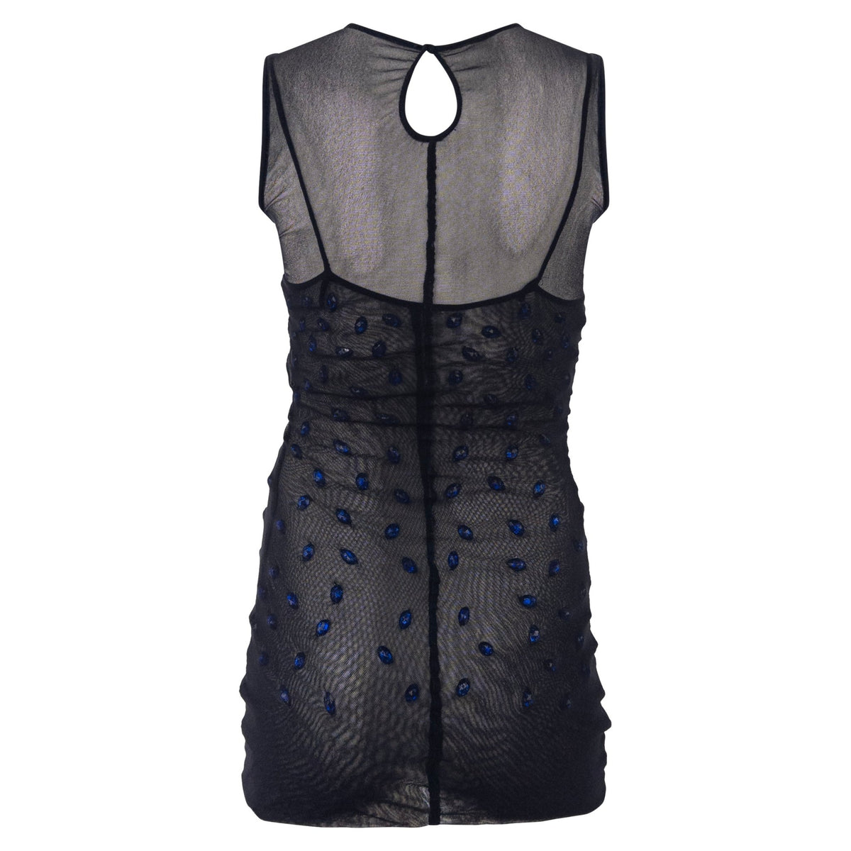 S/S 1998 Dolce & Gabbana Sheer Black Stretch Mesh Blue Gem Top Mini Dress - RealList