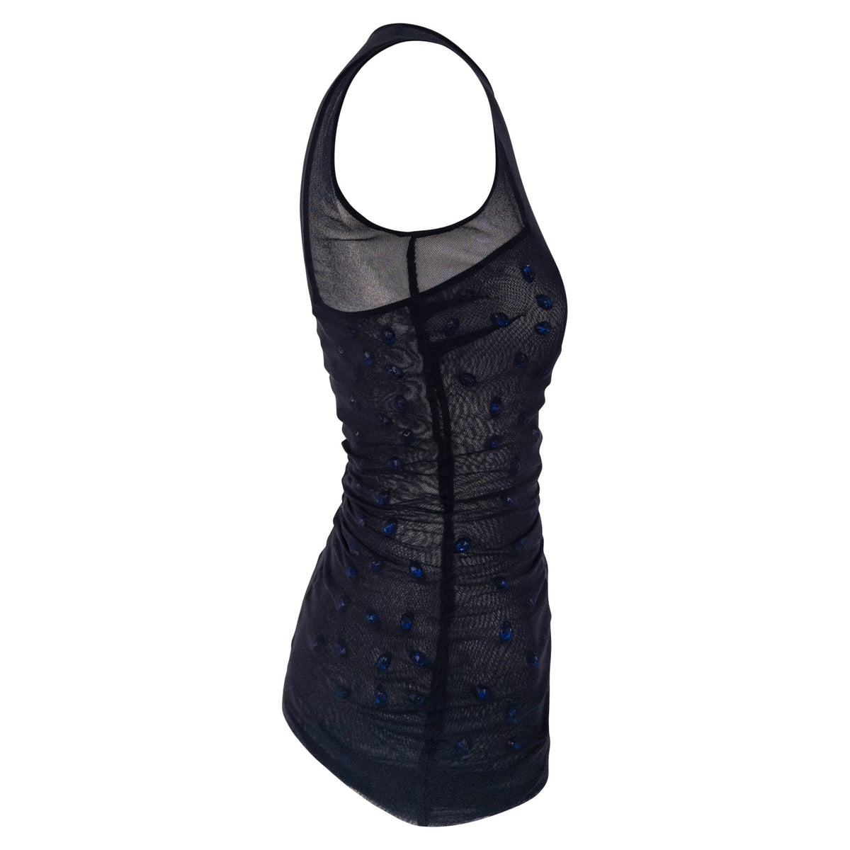 S/S 1998 Dolce & Gabbana Sheer Black Stretch Mesh Blue Gem Top Mini Dress - RealList