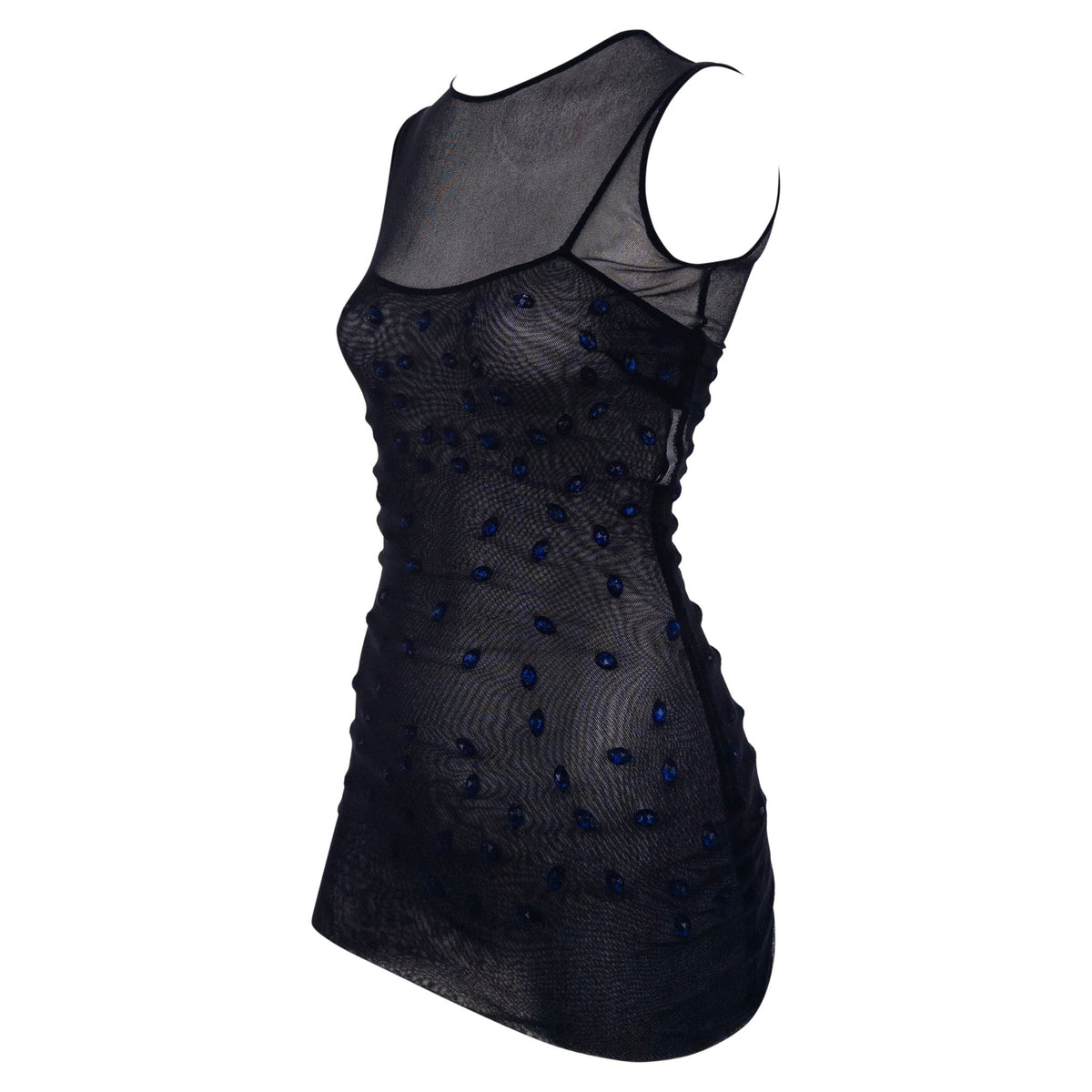 S/S 1998 Dolce & Gabbana Sheer Black Stretch Mesh Blue Gem Top Mini Dress - RealList