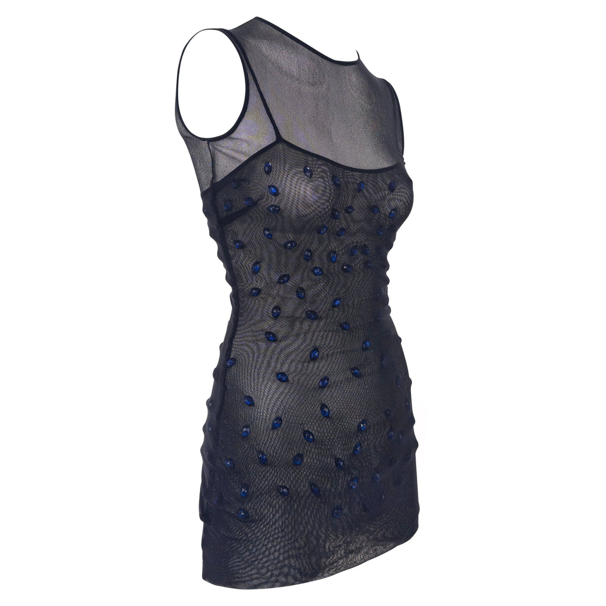S/S 1998 Dolce & Gabbana Sheer Black Stretch Mesh Blue Gem Top Mini Dress - RealList