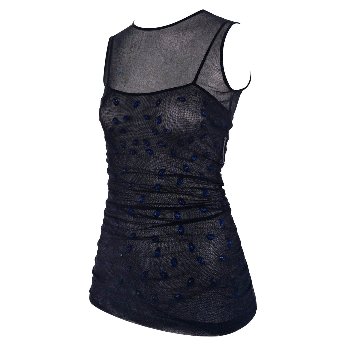 S/S 1998 Dolce & Gabbana Sheer Black Stretch Mesh Blue Gem Top Mini Dress - RealList