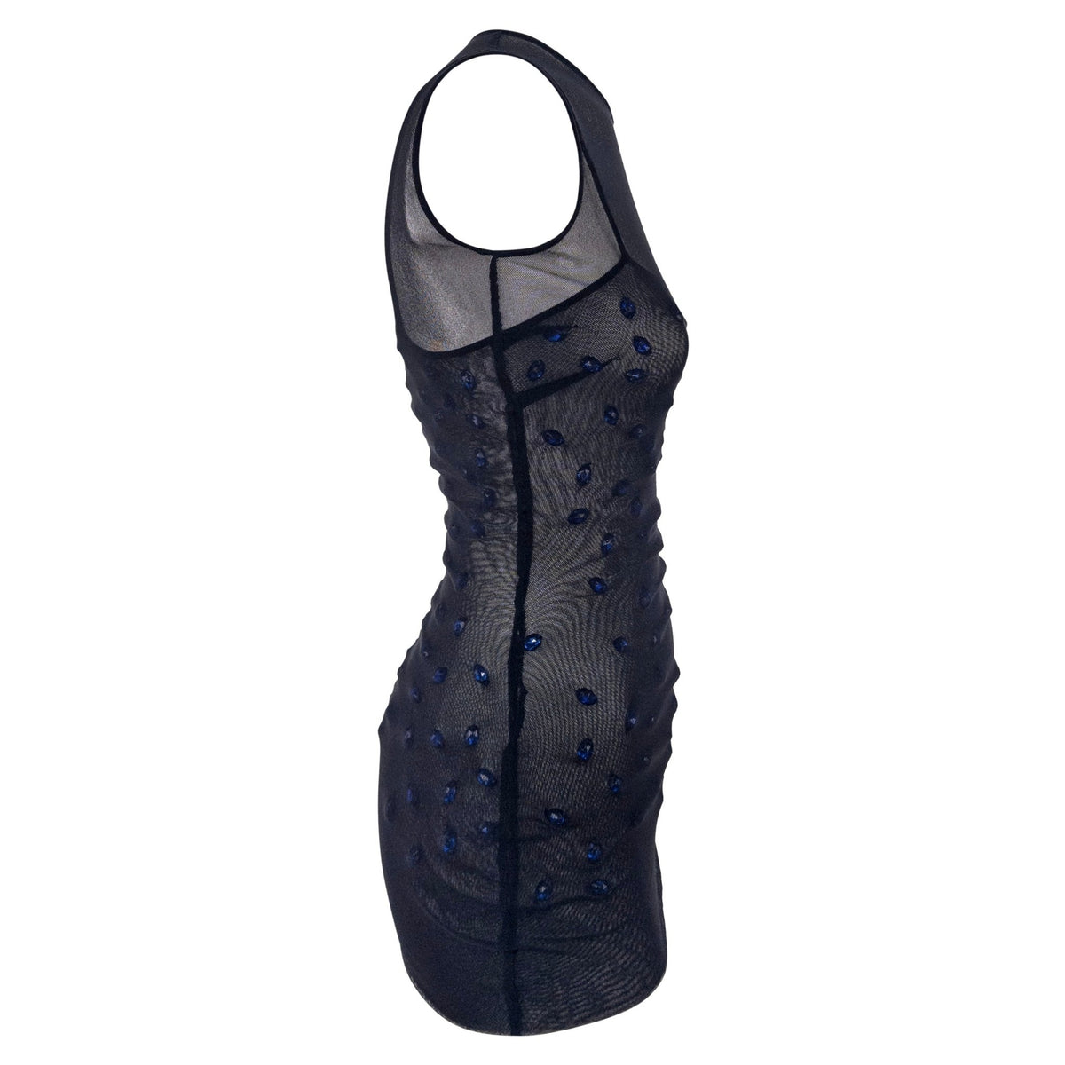 S/S 1998 Dolce & Gabbana Sheer Black Stretch Mesh Blue Gem Top Mini Dress - RealList