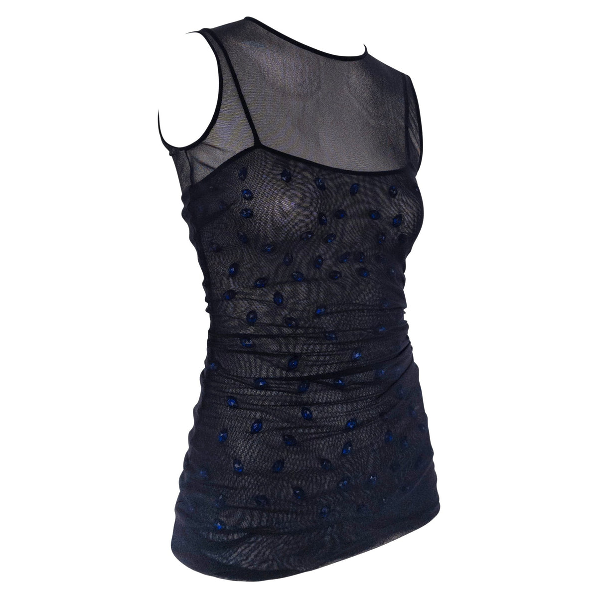 S/S 1998 Dolce & Gabbana Sheer Black Stretch Mesh Blue Gem Top Mini Dress - RealList