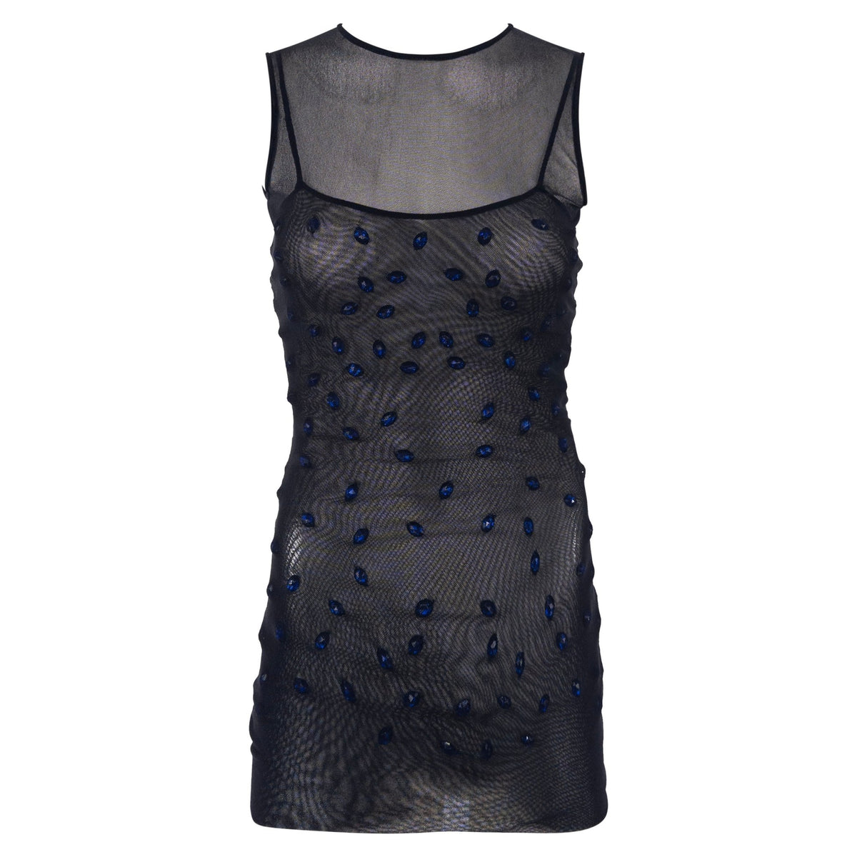 S/S 1998 Dolce & Gabbana Sheer Black Stretch Mesh Blue Gem Top Mini Dress - RealList