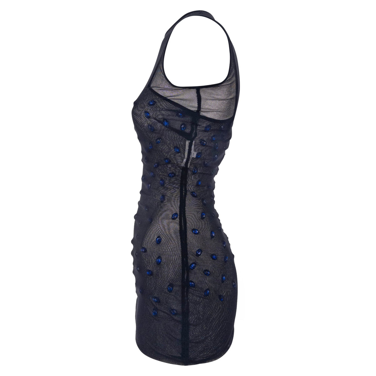S/S 1998 Dolce & Gabbana Sheer Black Stretch Mesh Blue Gem Top Mini Dress - RealList