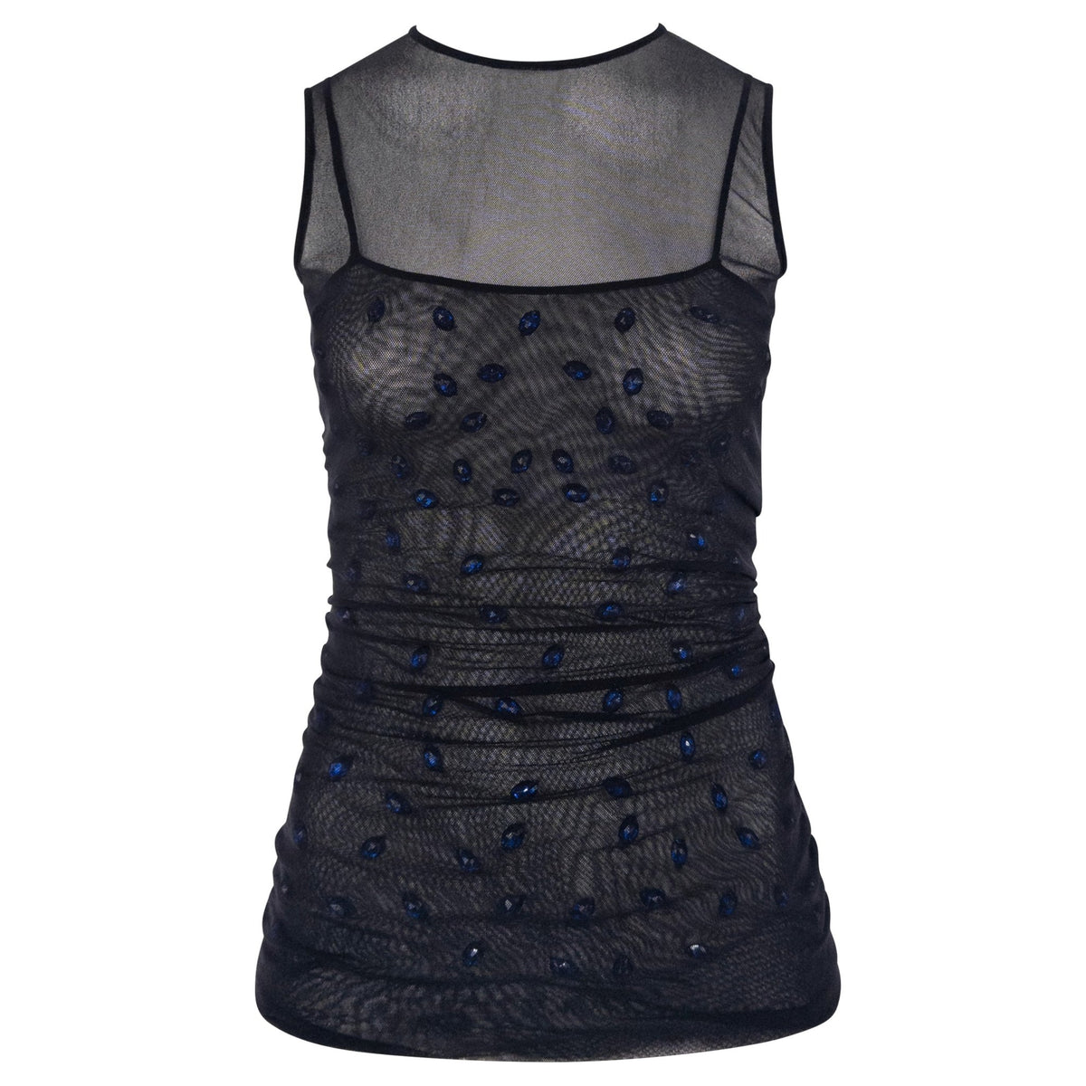 S/S 1998 Dolce & Gabbana Sheer Black Stretch Mesh Blue Gem Top Mini Dress - RealList