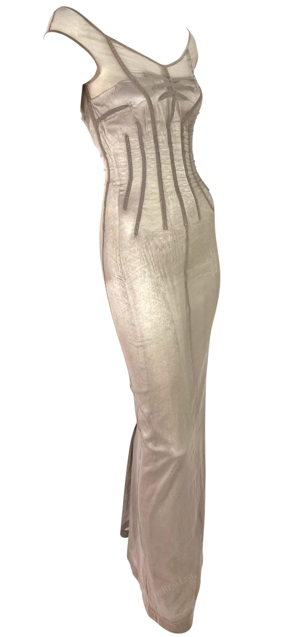 S/S 1998 Dolce & Gabbana 'Stromboli' Taupe Mesh Silver Bodycon Boned Gown - RealList