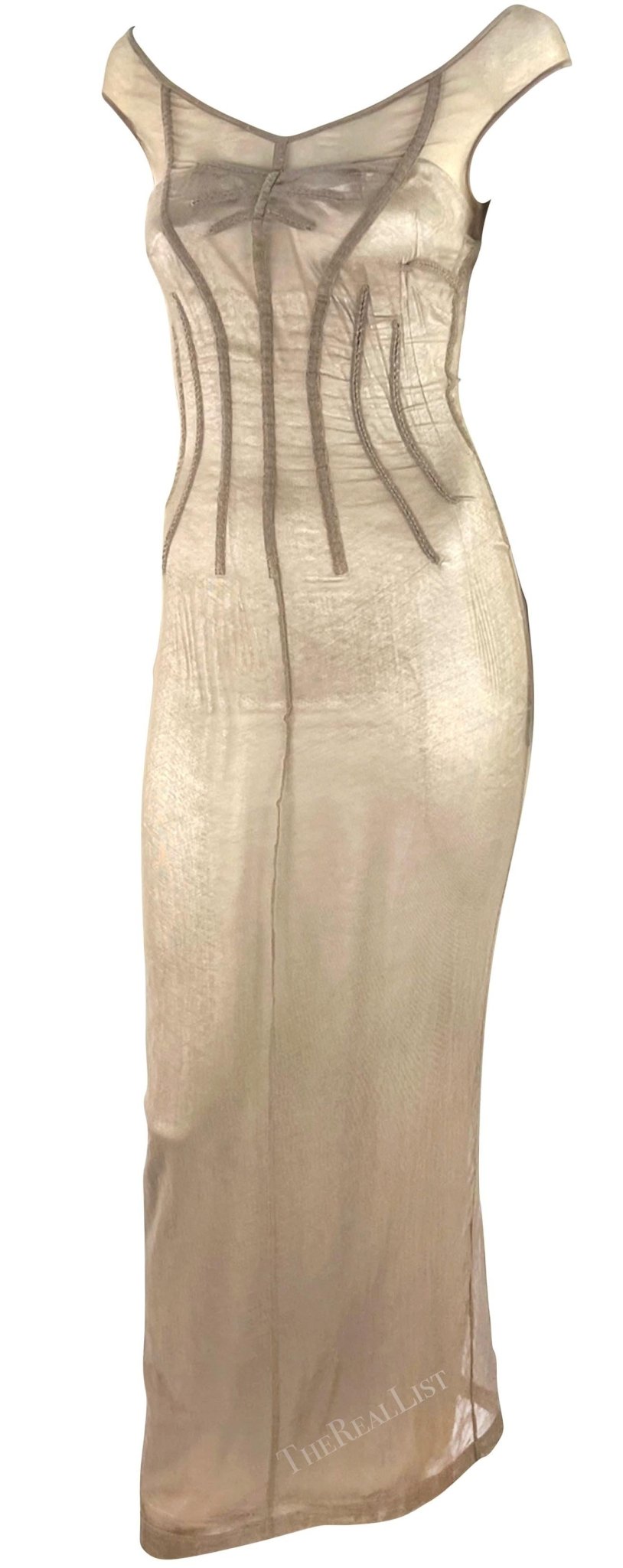 S/S 1998 Dolce & Gabbana 'Stromboli' Taupe Mesh Silver Bodycon Boned Gown - RealList
