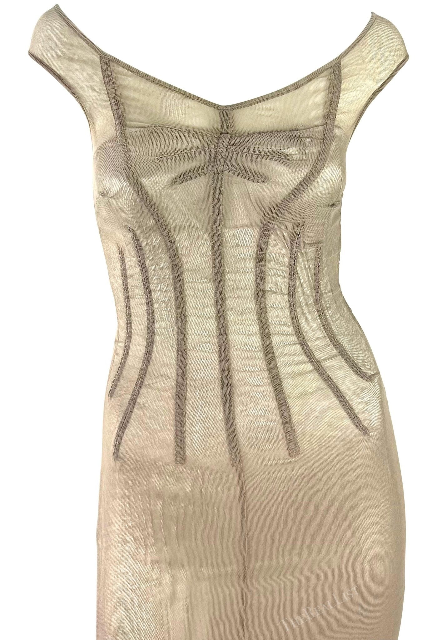 S/S 1998 Dolce & Gabbana 'Stromboli' Taupe Mesh Silver Bodycon Boned Gown - RealList