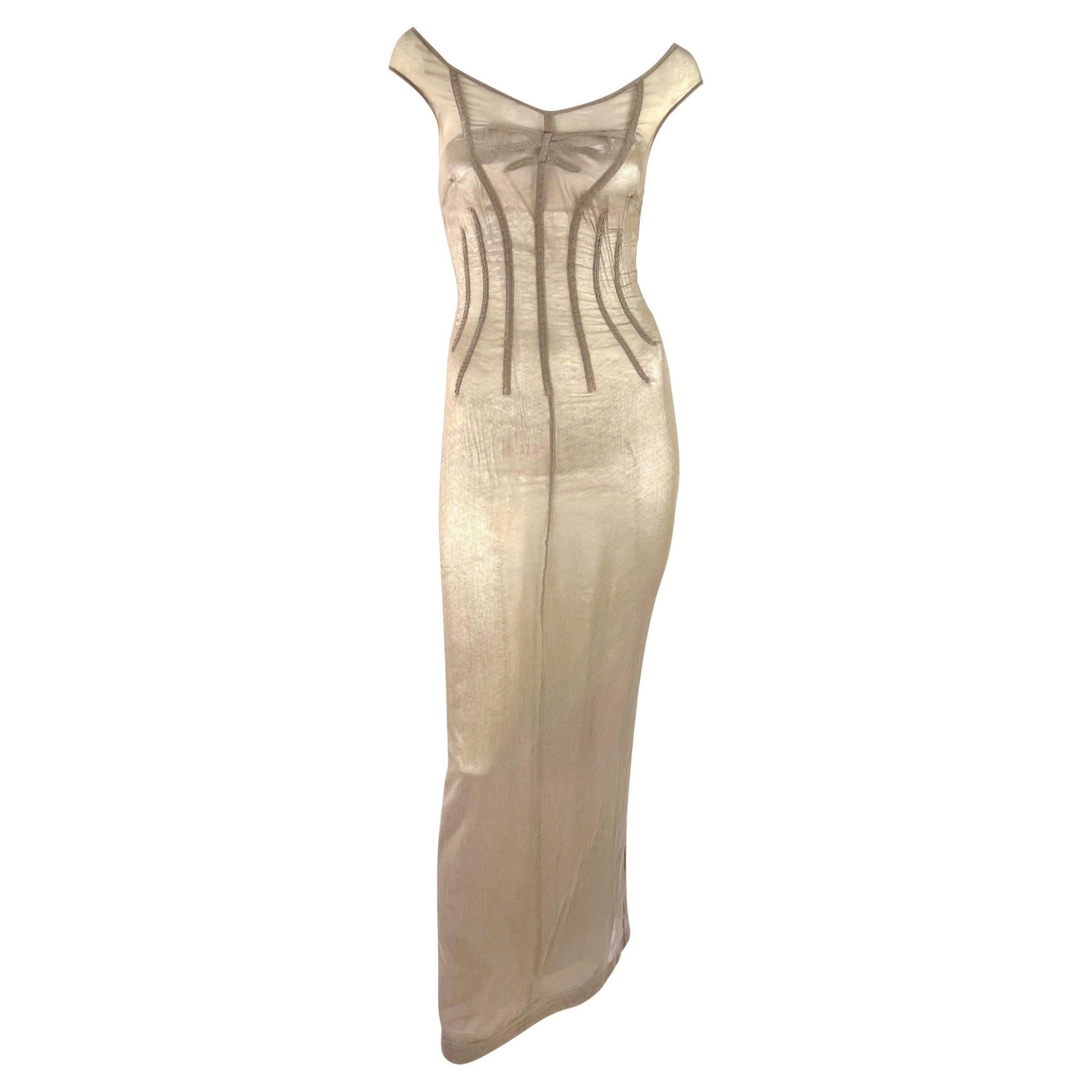 S/S 1998 Dolce & Gabbana 'Stromboli' Taupe Mesh Silver Bodycon Boned Gown - RealList