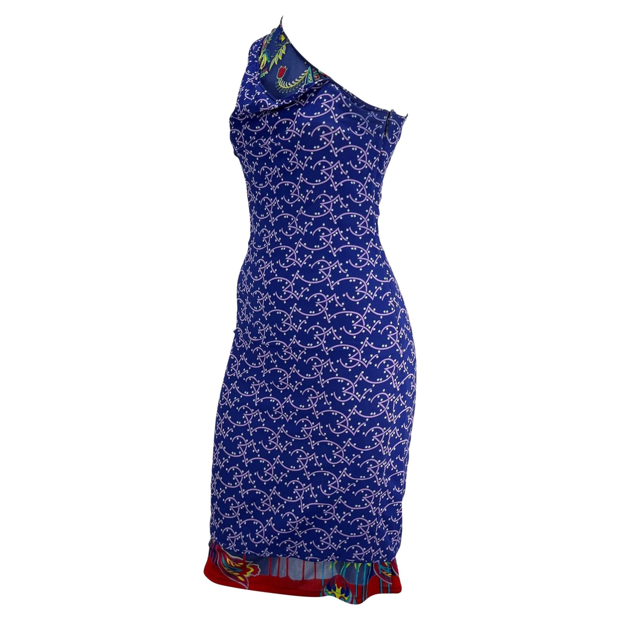 S/S 1998 Gianni Versace by Donatella Ad Asymmetric Blue Purple Sheer Dress - RealList