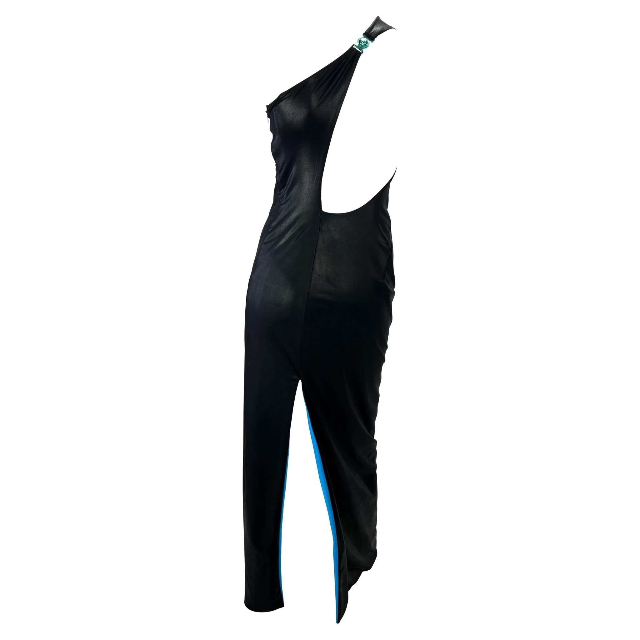 S/S 1998 Gianni Versace by Donatella Wet Look Black Electric Blue Stretch Gown - RealList