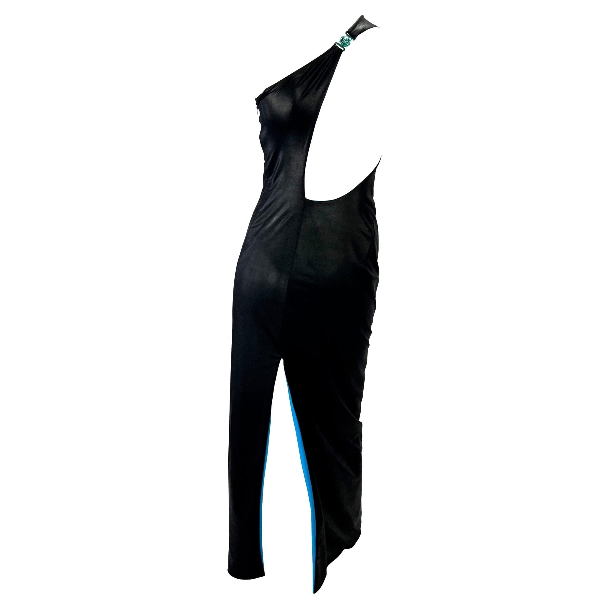 S/S 1998 Gianni Versace by Donatella Wet Look Black Electric Blue Stretch Gown - RealList