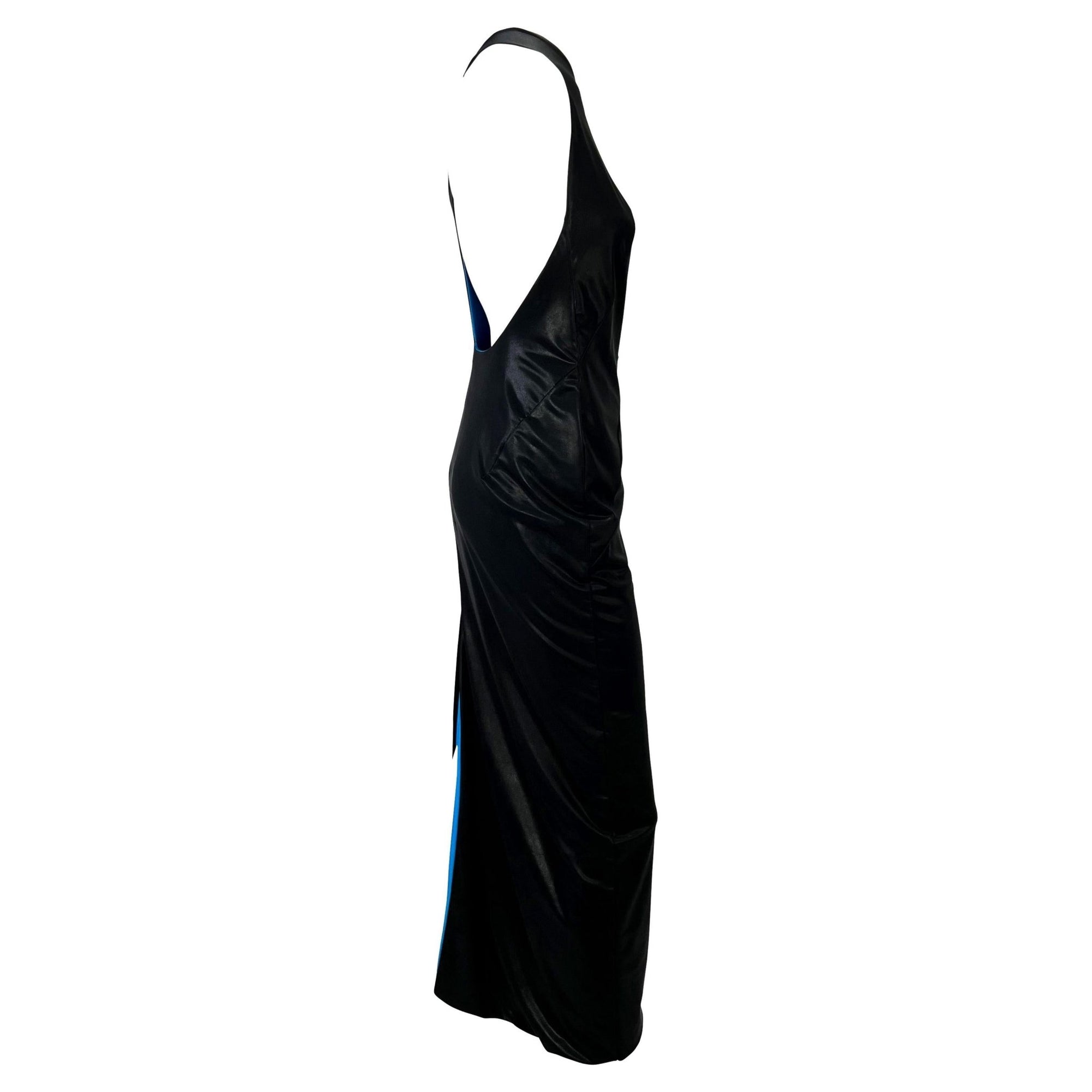 S/S 1998 Gianni Versace by Donatella Wet Look Black Electric Blue Stretch Gown - RealList