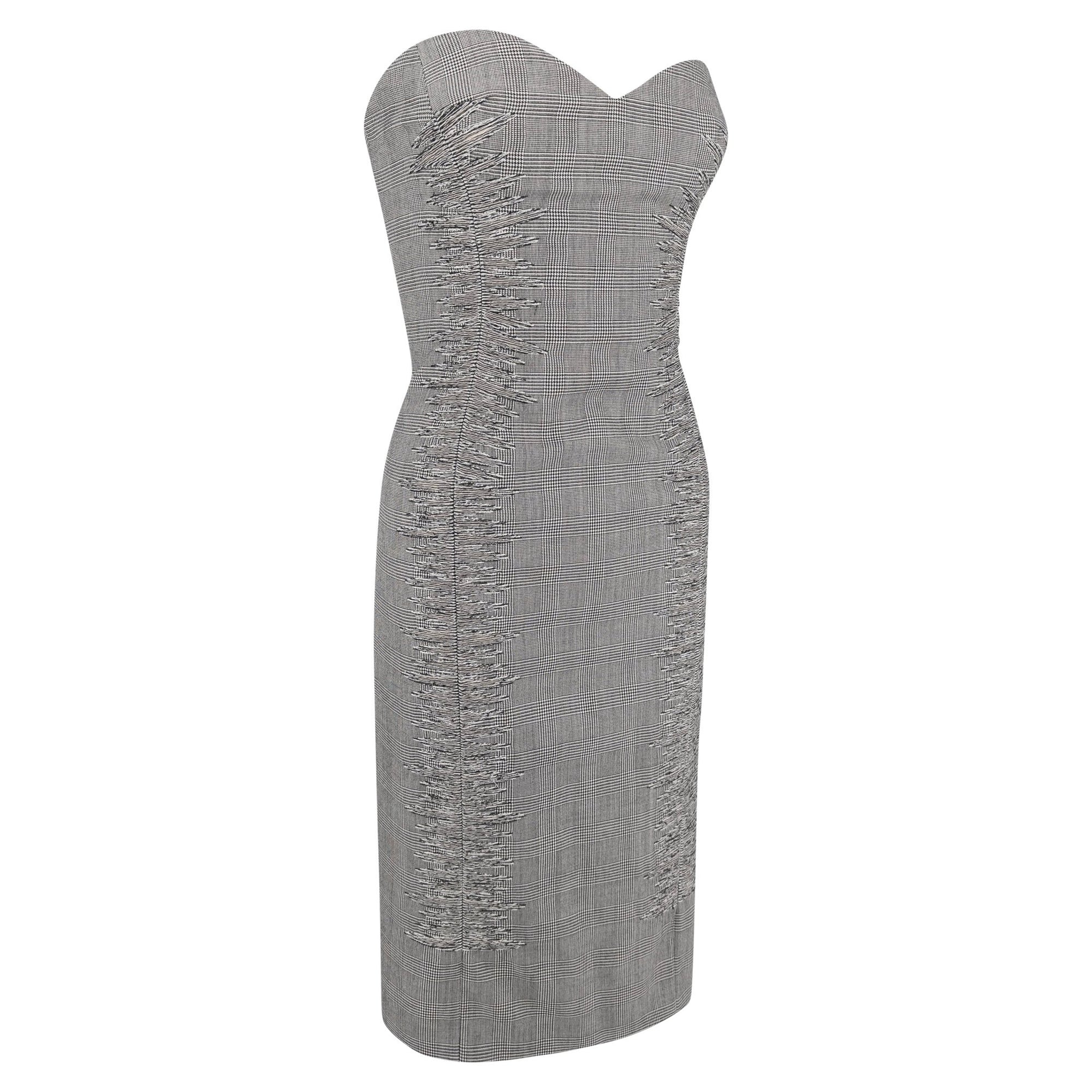 S/S 1998 Gianni Versace Kate Moss Runway Grey Houndstooth Strapless Corset Dress - RealList