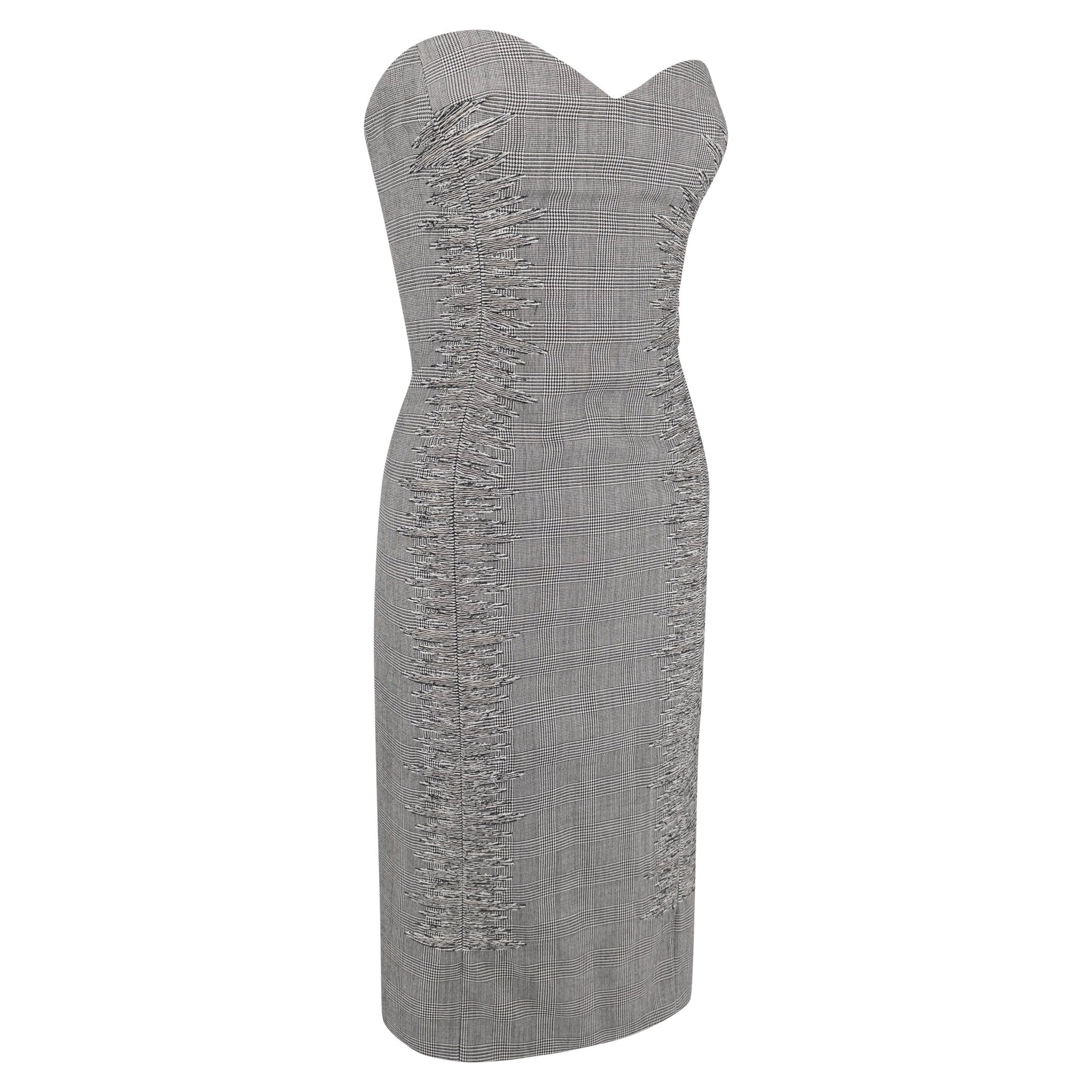 S/S 1998 Gianni Versace Kate Moss Runway Grey Houndstooth Strapless Corset Dress - RealList