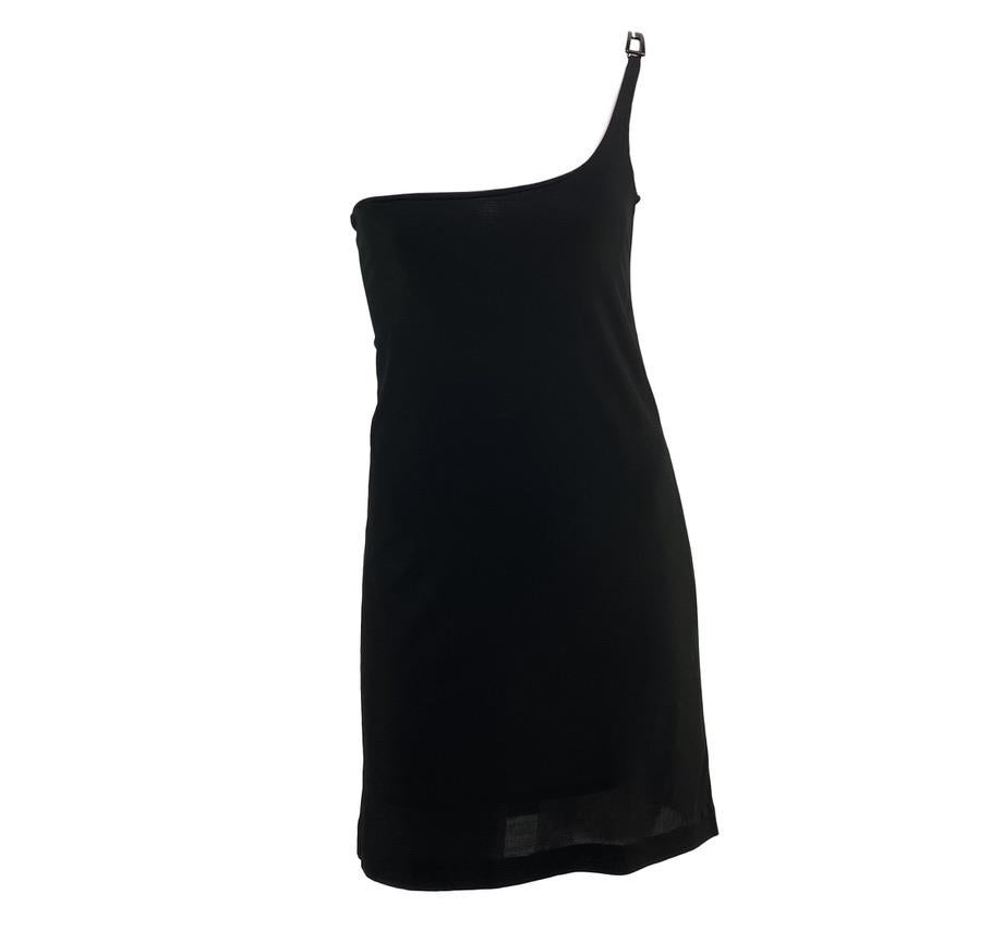 S/S 1998 Gucci by Tom Ford Black Metallic G Buckle Asymmetric Mini Dress - RealList