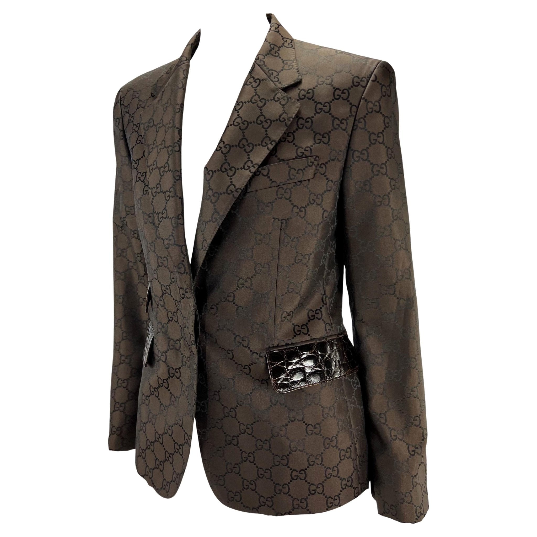 S/S 1998 Gucci by Tom Ford Brown GG Monogram Alligator Trim Blazer - RealList