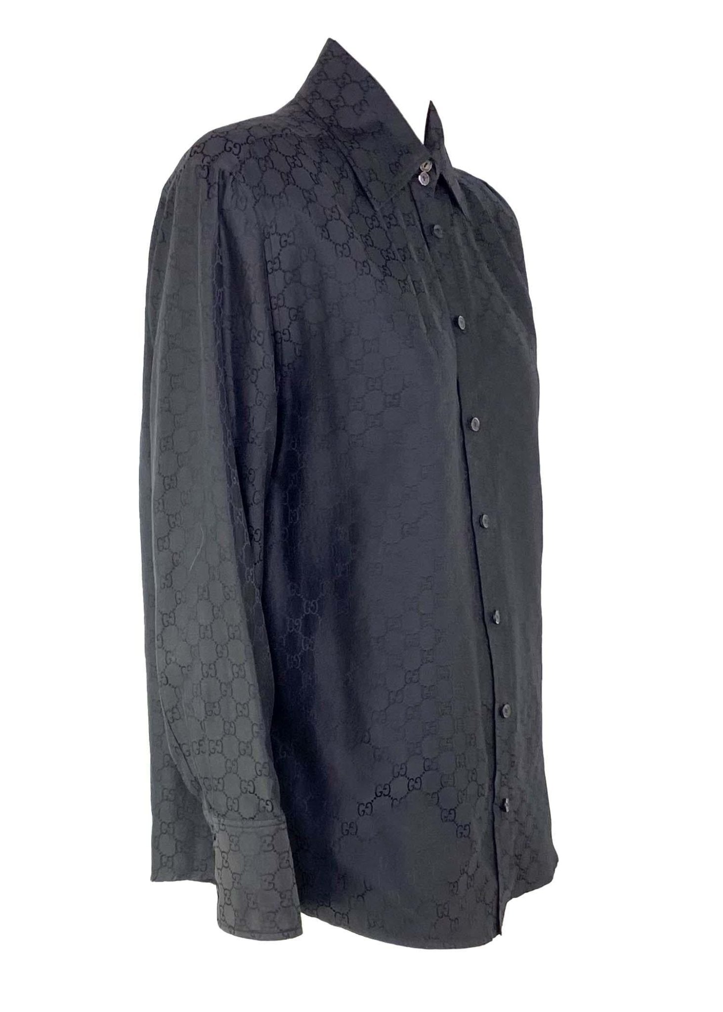 S/S 1998 Gucci by Tom Ford GG Monogram Black Cotton Silk Shoulder Pad Button Up Shirt - RealList