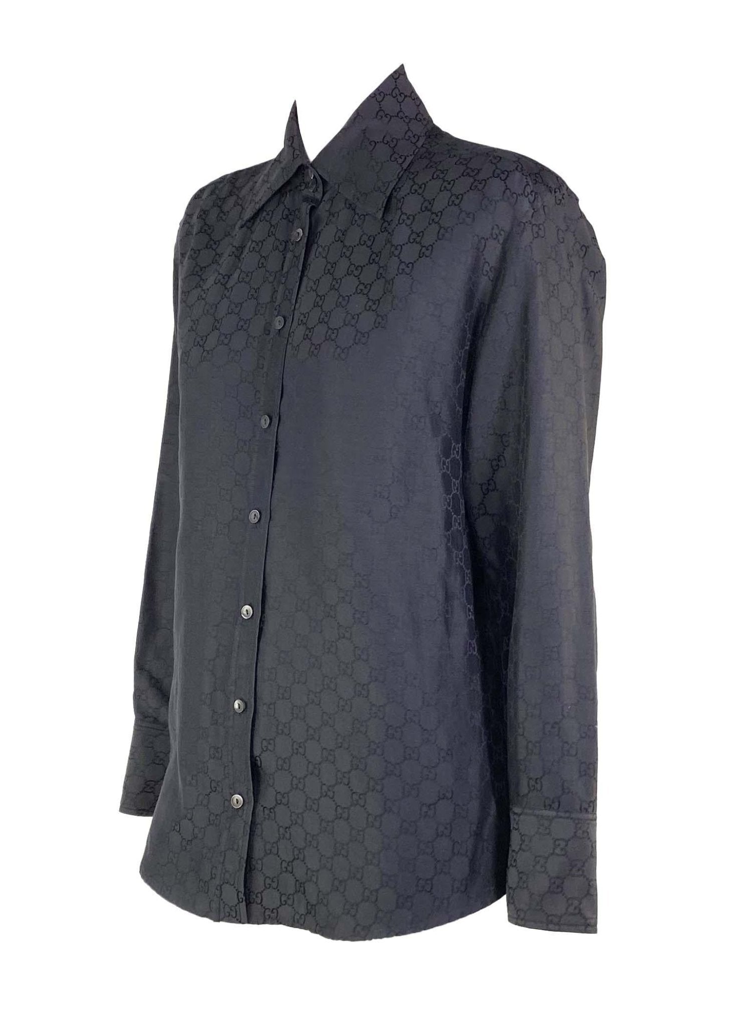 S/S 1998 Gucci by Tom Ford GG Monogram Black Cotton Silk Shoulder Pad Button Up Shirt - RealList