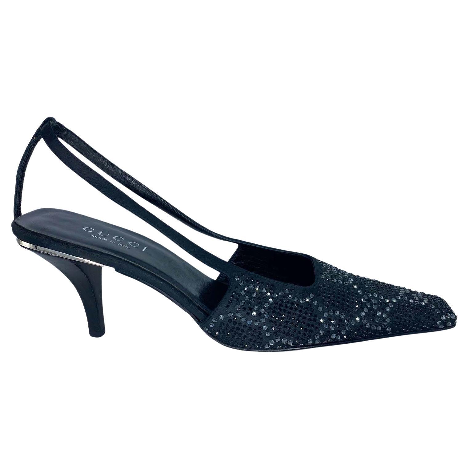 S/S 1998 Gucci by Tom Ford GG Rhinestone Crystal Kitten Heels Black & Grey - RealList