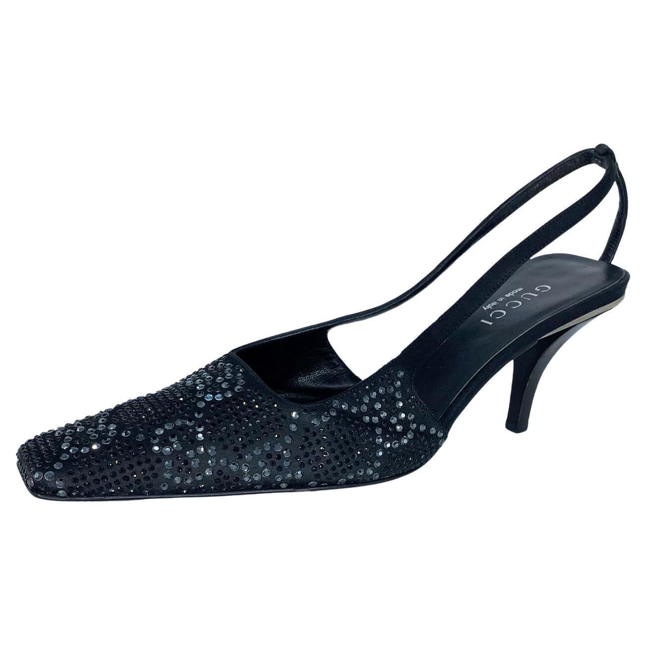 S/S 1998 Gucci by Tom Ford GG Rhinestone Crystal Kitten Heels Black & Grey - RealList