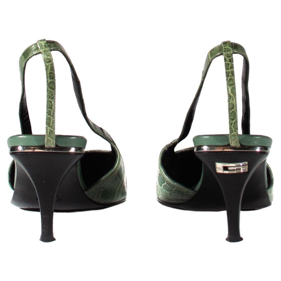 S/S 1998 Gucci by Tom Ford Light Green Alligator Kitten Heels Crystal G - RealList