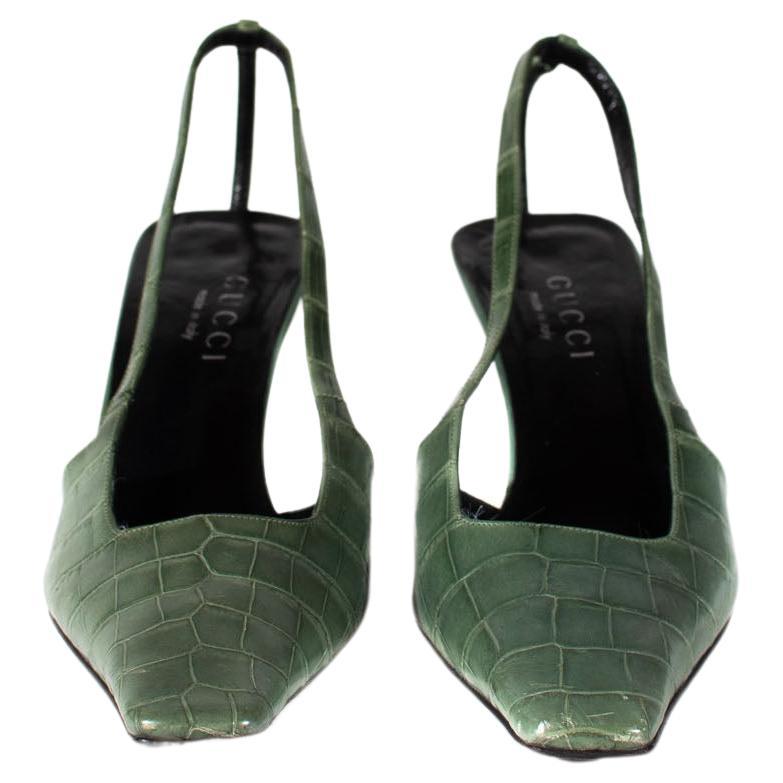 S/S 1998 Gucci by Tom Ford Light Green Alligator Kitten Heels Crystal G - RealList